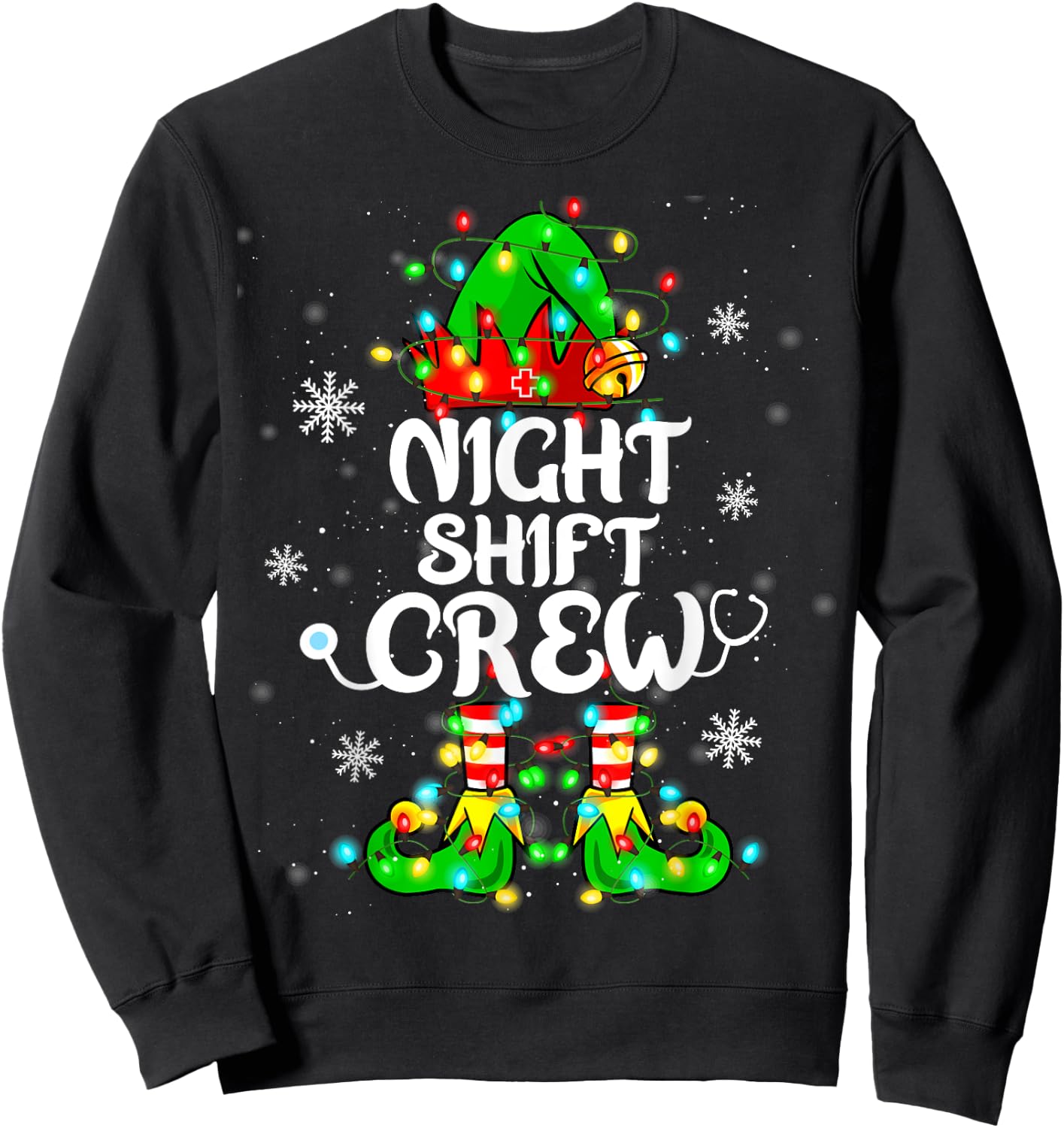 Night Shift Crew Funny Nurse Elf Chrsitmas Lights Cute Xmas Sweatshirt - Sweatshirt | Black
