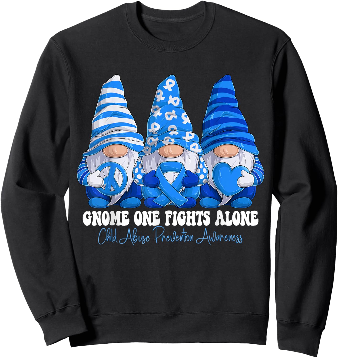 Child Abuse Prevention Awareness Month Blue Ribbon Gnomies Sweatshirt - Sweatshirt | Black