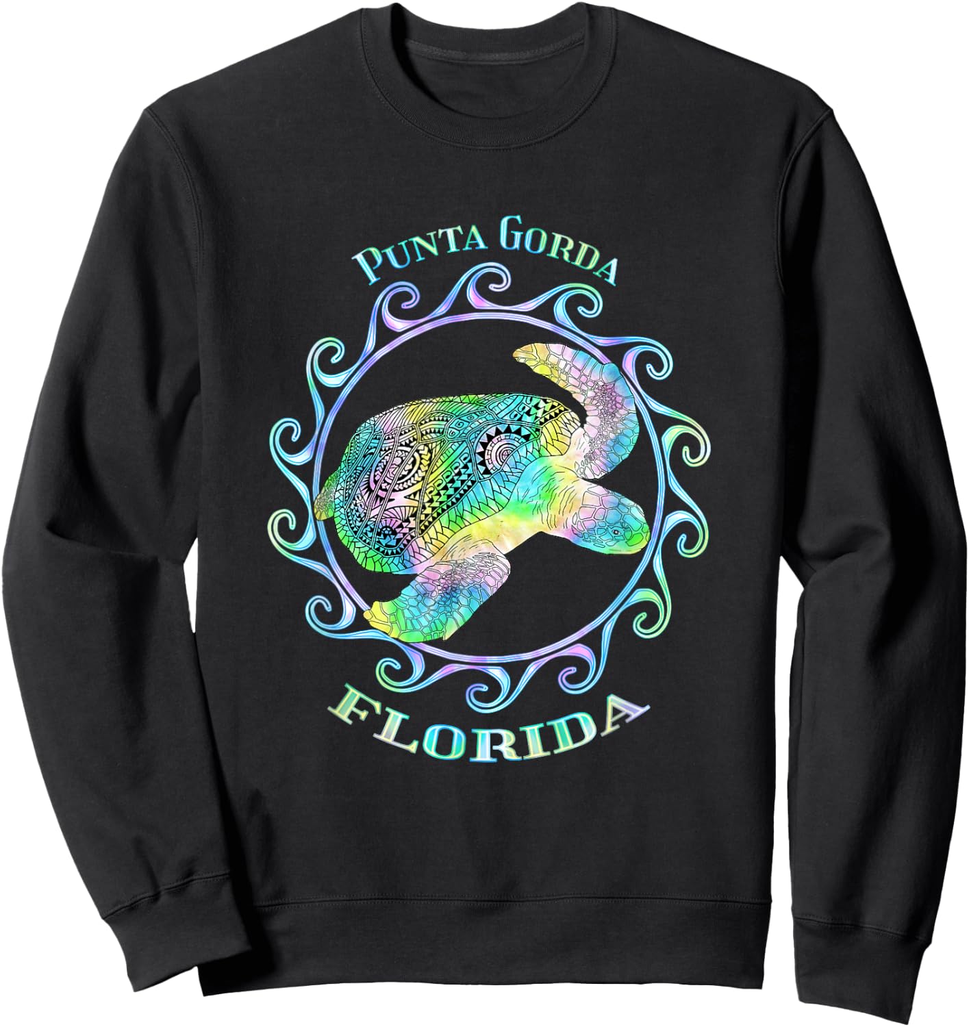 Punta Gorda Florida Vacation Colorful Tribal Turtle Sweatshirt - Sweatshirt | Black