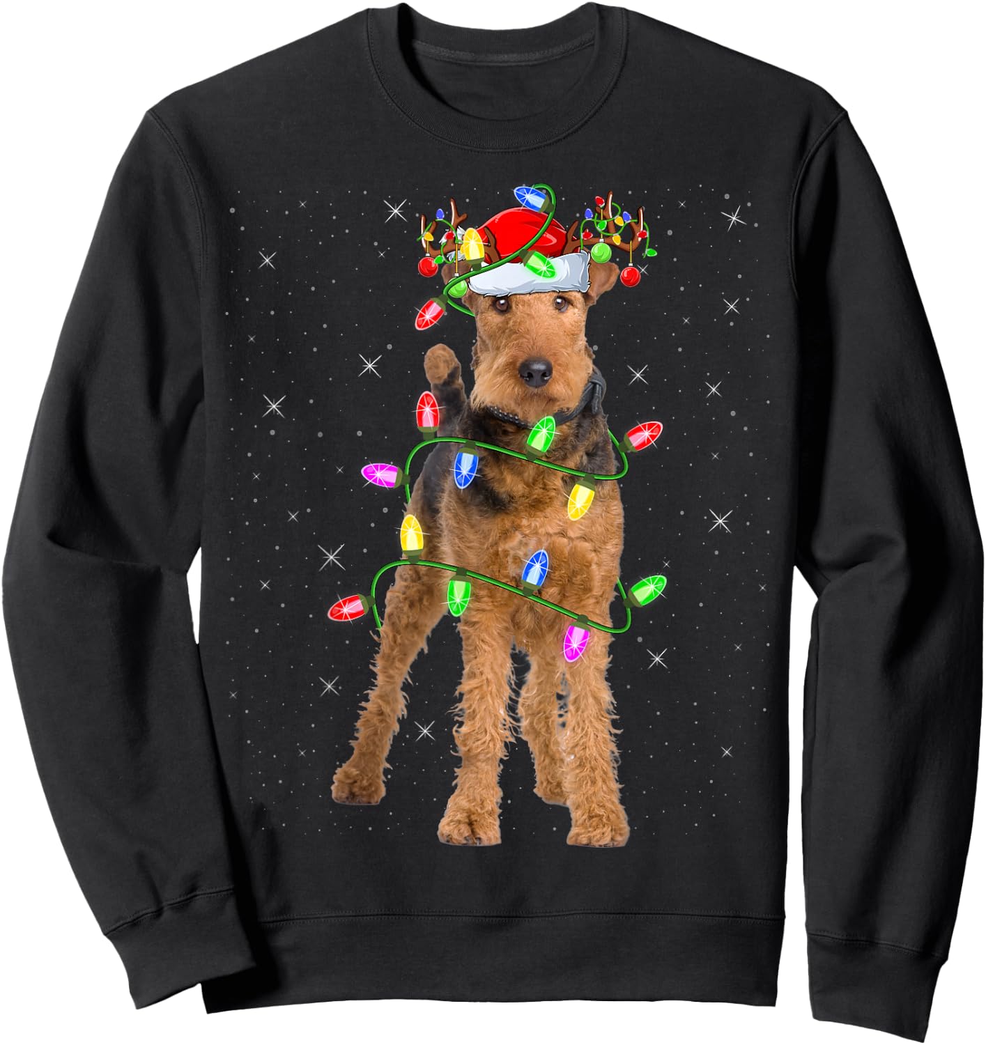 Xmas Holiday Lighting Santa Airedale Terrier Christmas Sweatshirt - Sweatshirt | Black