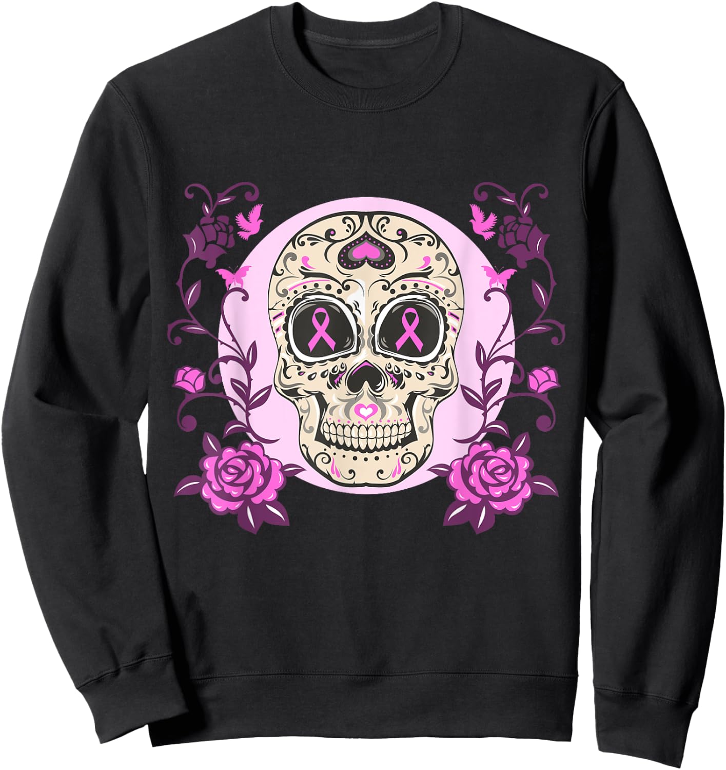 Sugar Skull Pink Ribbon Breast Cancer Awareness Calavera Sweatshirt - Sweatshirt | Black