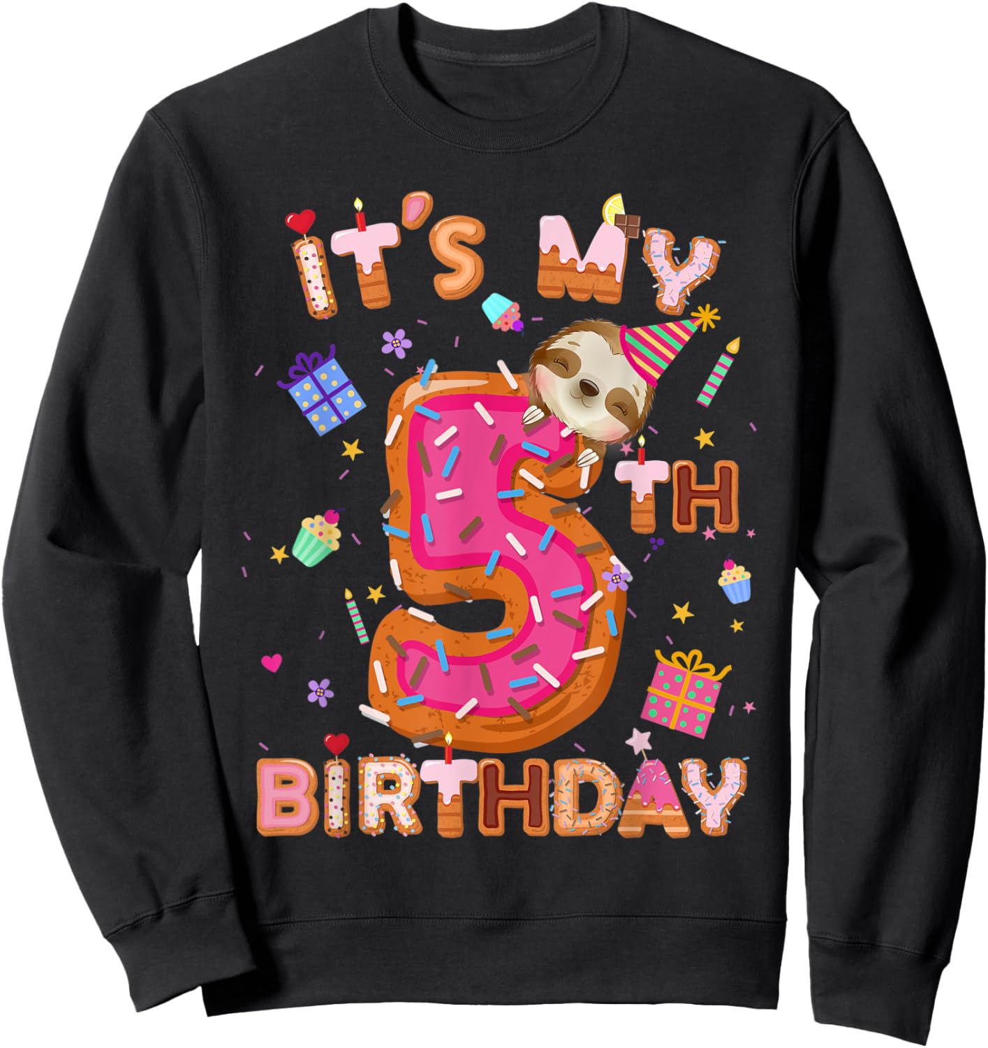 5 Year Old Gifts Boys Girls Teens Donut Sloth 5th Birthday Sweatshirt - Sweatshirt | Black