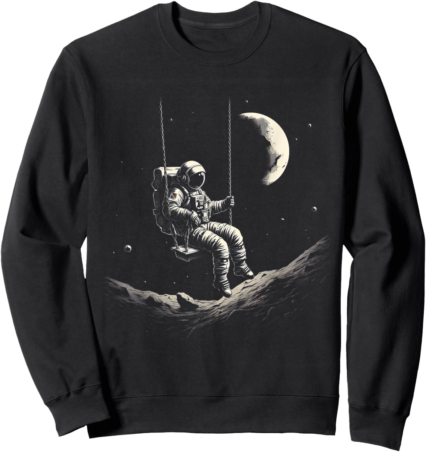 Astronaut Sitting on Swing in Space Stars and Moon Sweatshirt - Sweatshirt | Black