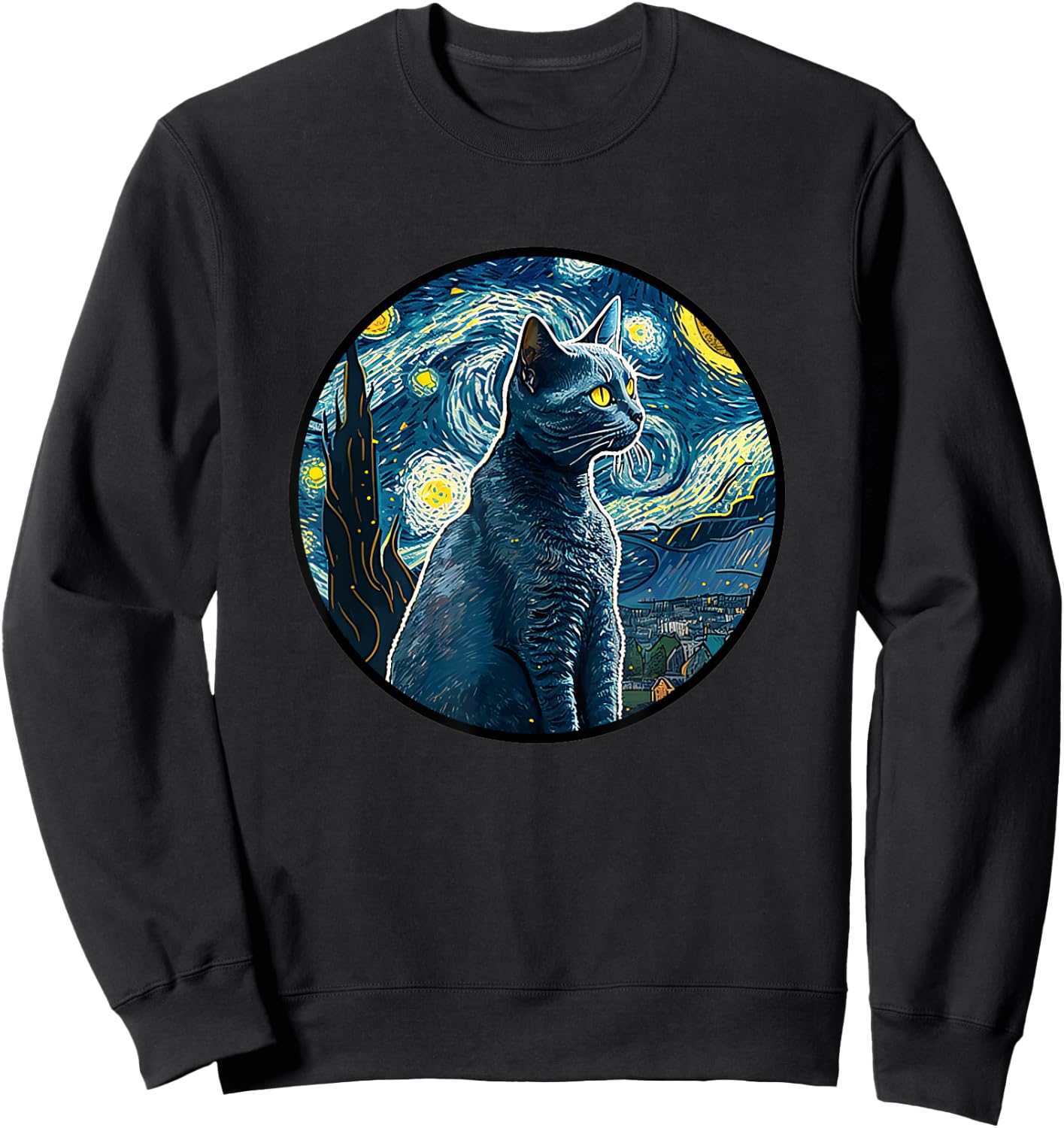 Russian Blue Cat in Starry Night Painting Men Women Kids Sweatshirt - Sweatshirt | Black