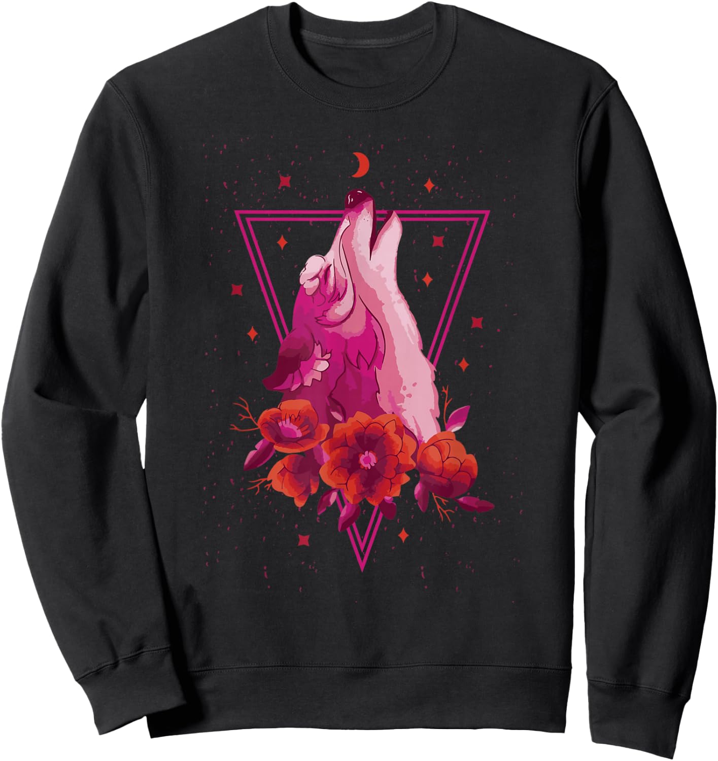 Pink Wolf Howling Vaporwave Floral Roses Stars Crescent Moon Sweatshirt - Sweatshirt | Black