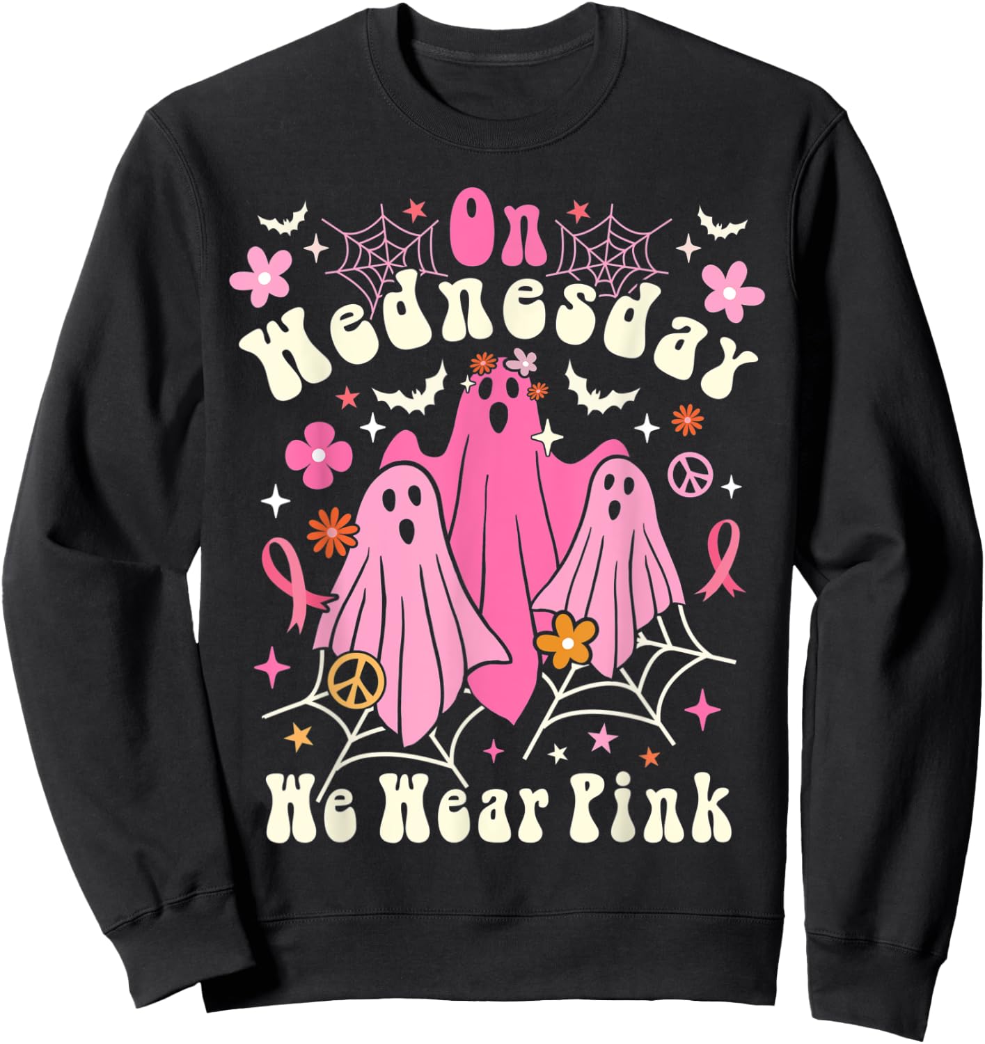 On Wednesday We Wear Pink Ghost Halloween Breast Cancer 2022 Sweatshirt - Sweatshirt | Black