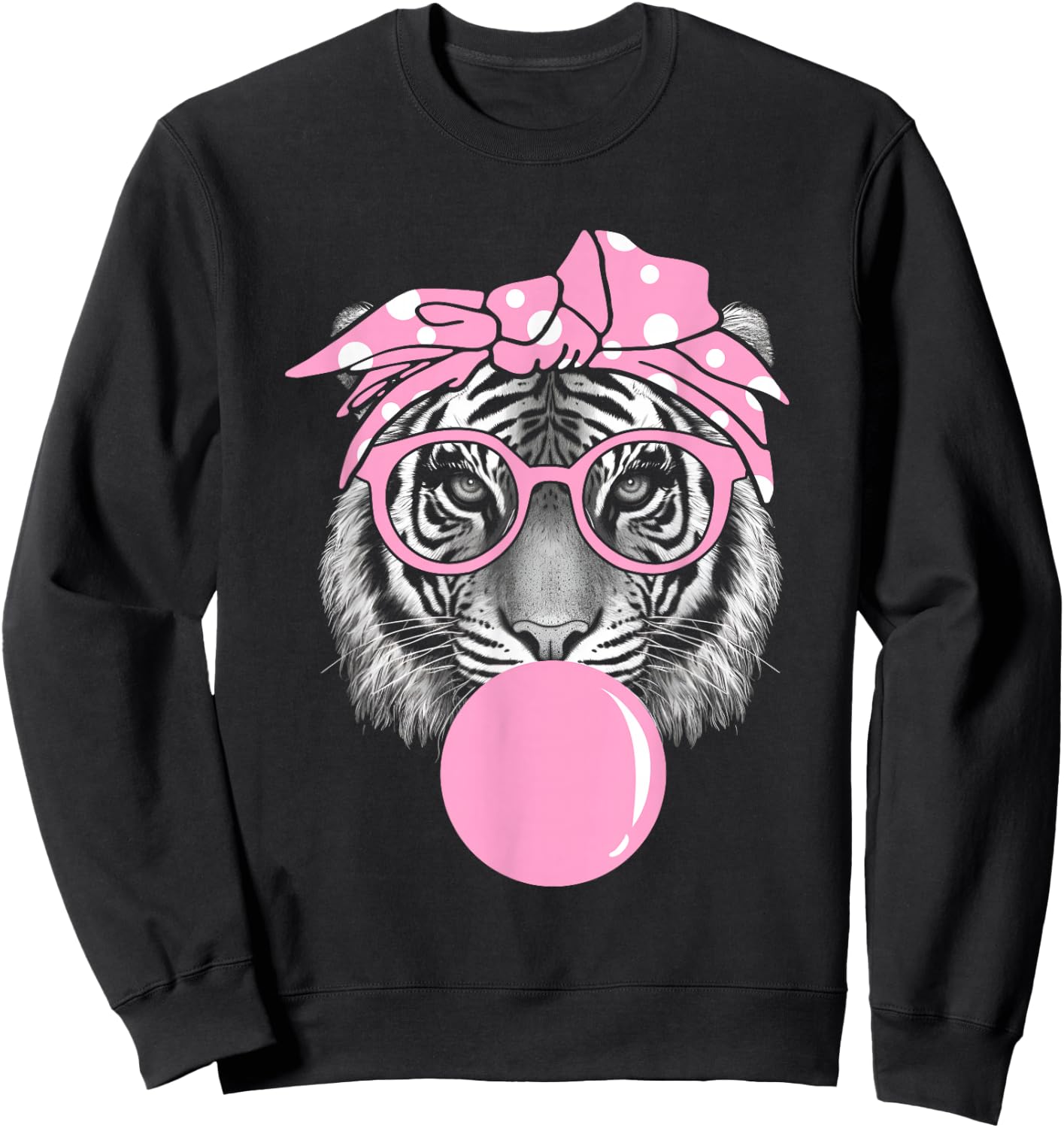 Funny Pink Tiger For Girl Glasses & Pink Bubble Gum Sweatshirt - Sweatshirt | Black