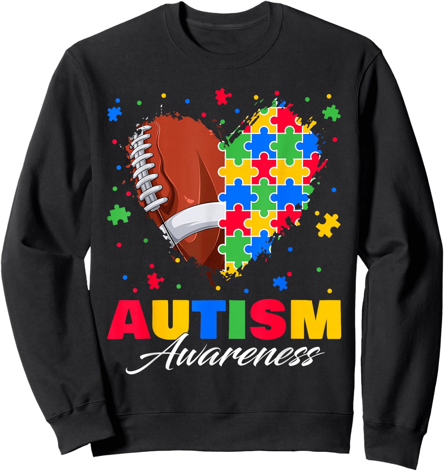 Puzzle Football Ball Heart Autism Awareness Autistic Kids Sweatshirt - Sweatshirt | Black