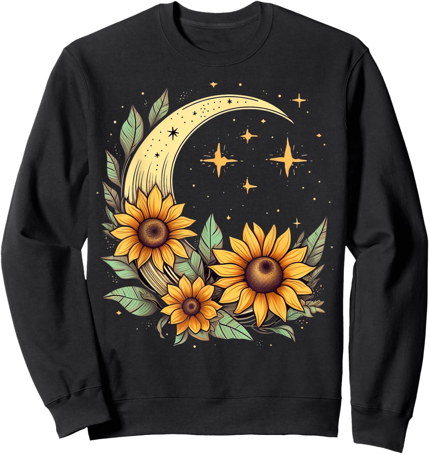 Floral Moon Sunflower on Celestial Sunflower Lunar Sweatshirt - Sweatshirt | Black