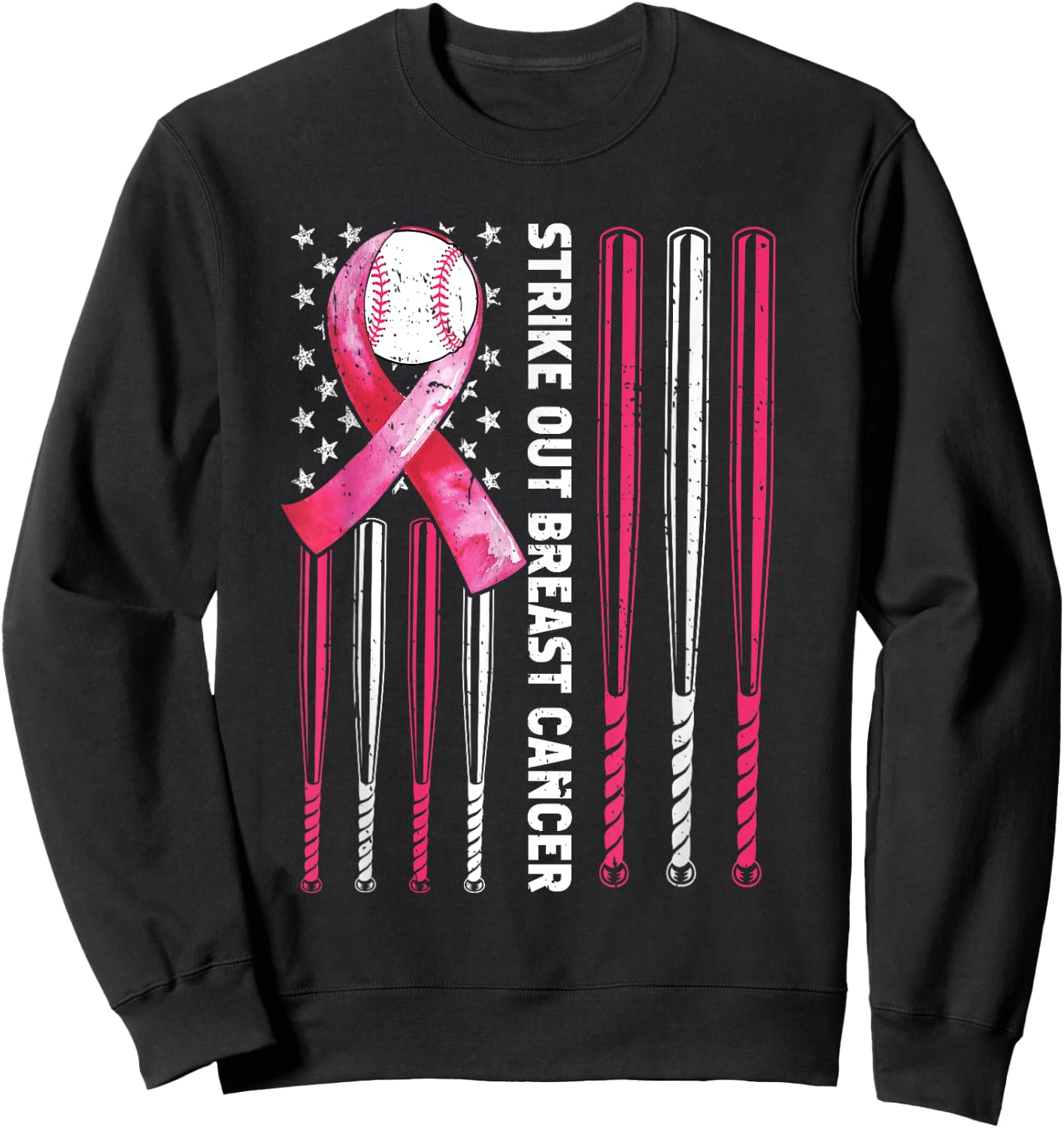 Strike Out Breast Cancer Baseball Lover Pink American Flag Sweatshirt - Sweatshirt | Black
