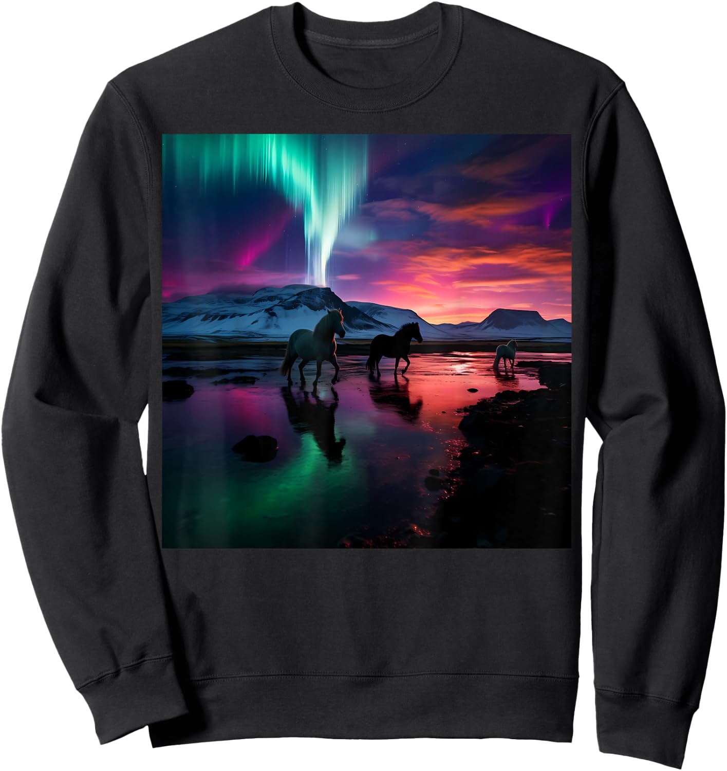 Iceland Northern Lights Aurora Borealis Horse Graphic Design Sweatshirt - Sweatshirt | Black