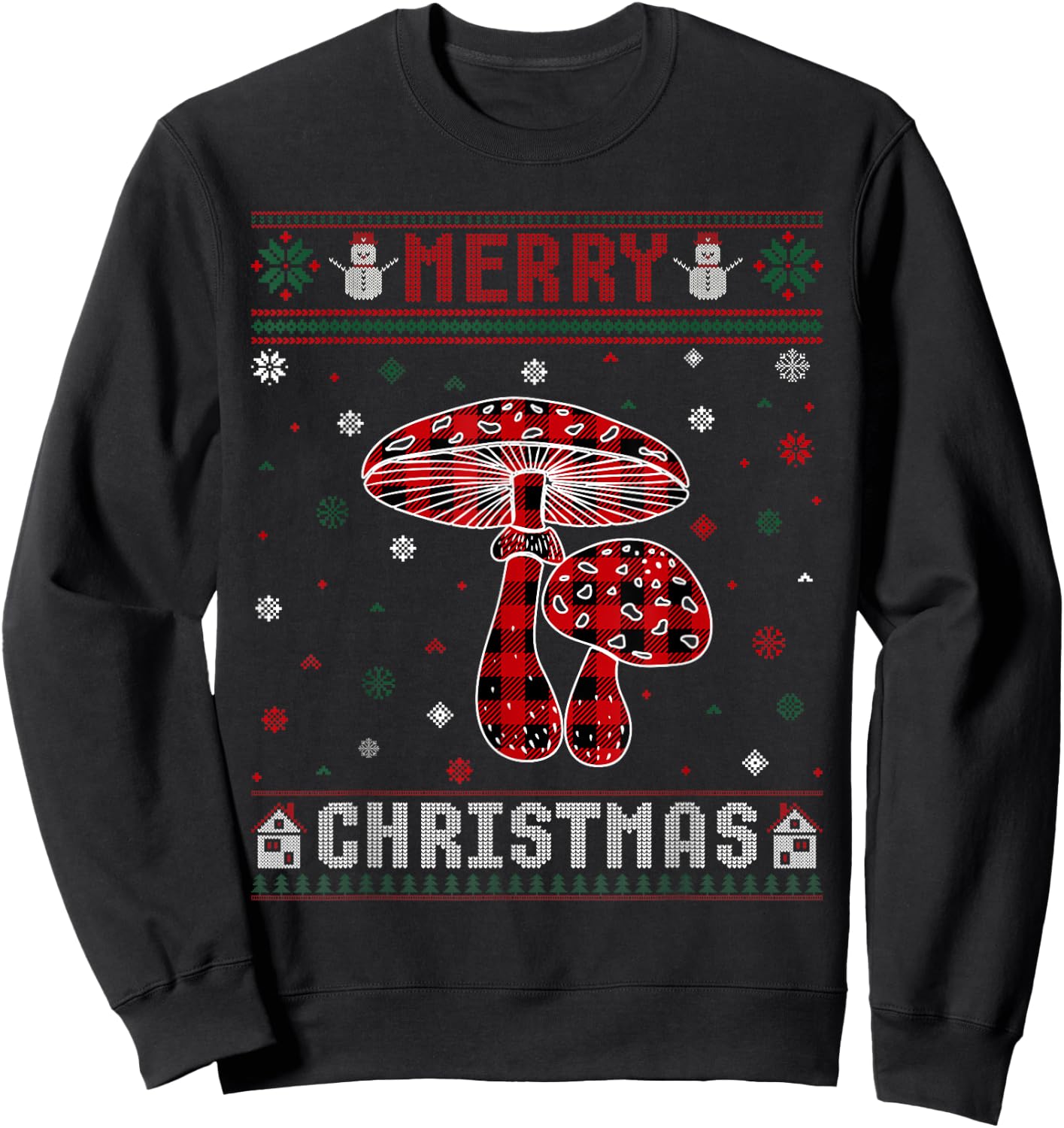 Ugly Christmas Sweater Mushroom Buffalo Plaid Red Xmas Sweatshirt - Sweatshirt | Black