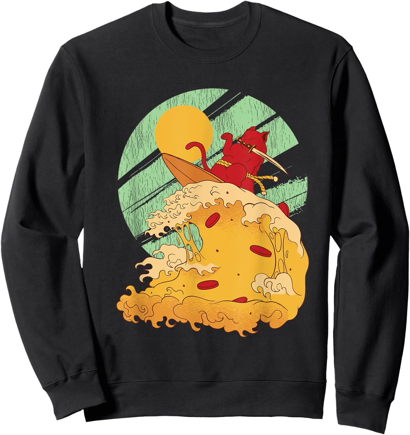 Surfing Japan Samurai Cat Vintage Surf Board Sweatshirt - Sweatshirt | Black