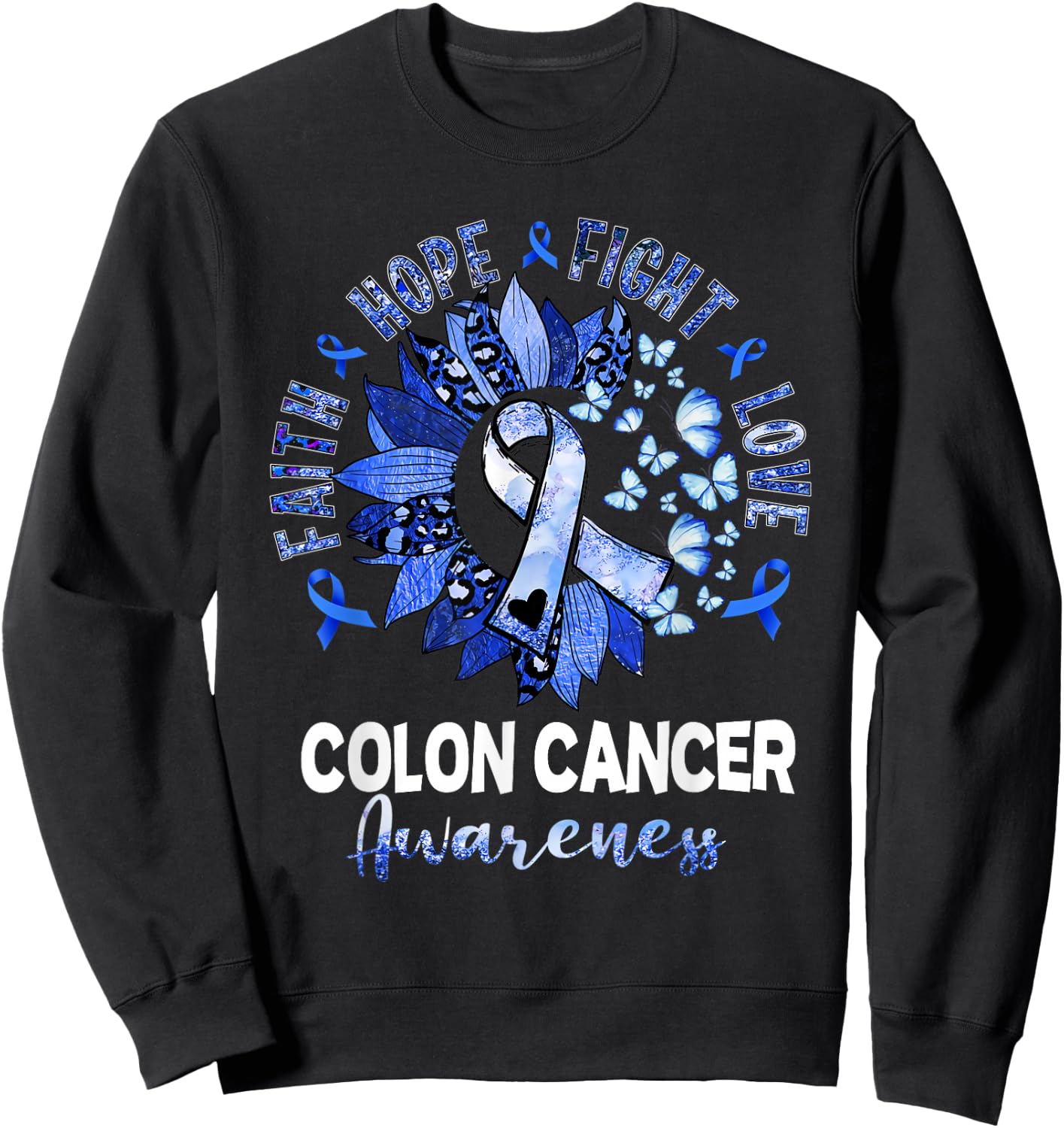 Sunflower Pink Ribbon Flower Leopard Colon Cancer Awareness Sweatshirt - Sweatshirt | Black