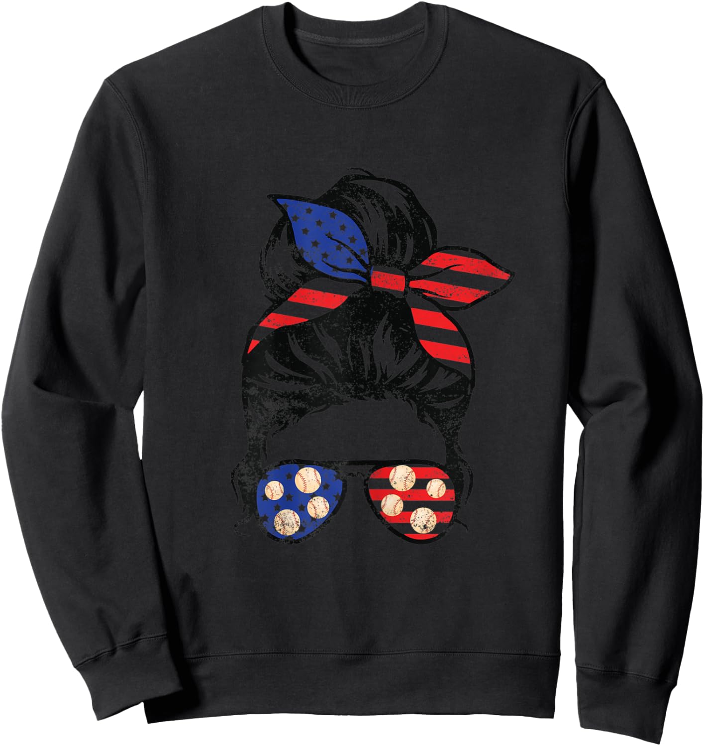 American Flag Baseball Messy Bun Vintage Patriotic 4th July Sweatshirt - Sweatshirt | Black