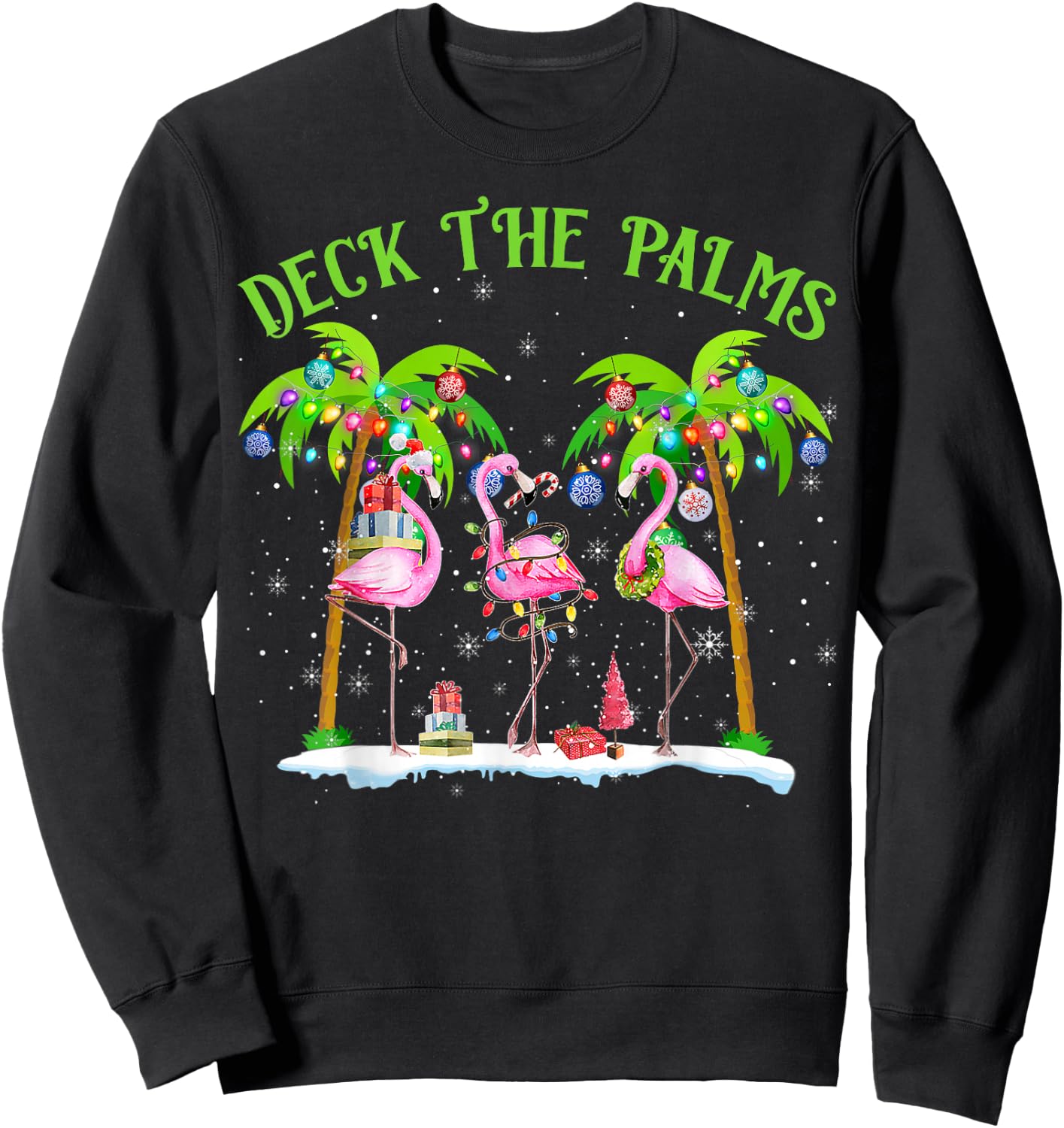 Deck The Palms Flamingo Tropical Christmas Lights Palm Tree Sweatshirt - Sweatshirt | Black