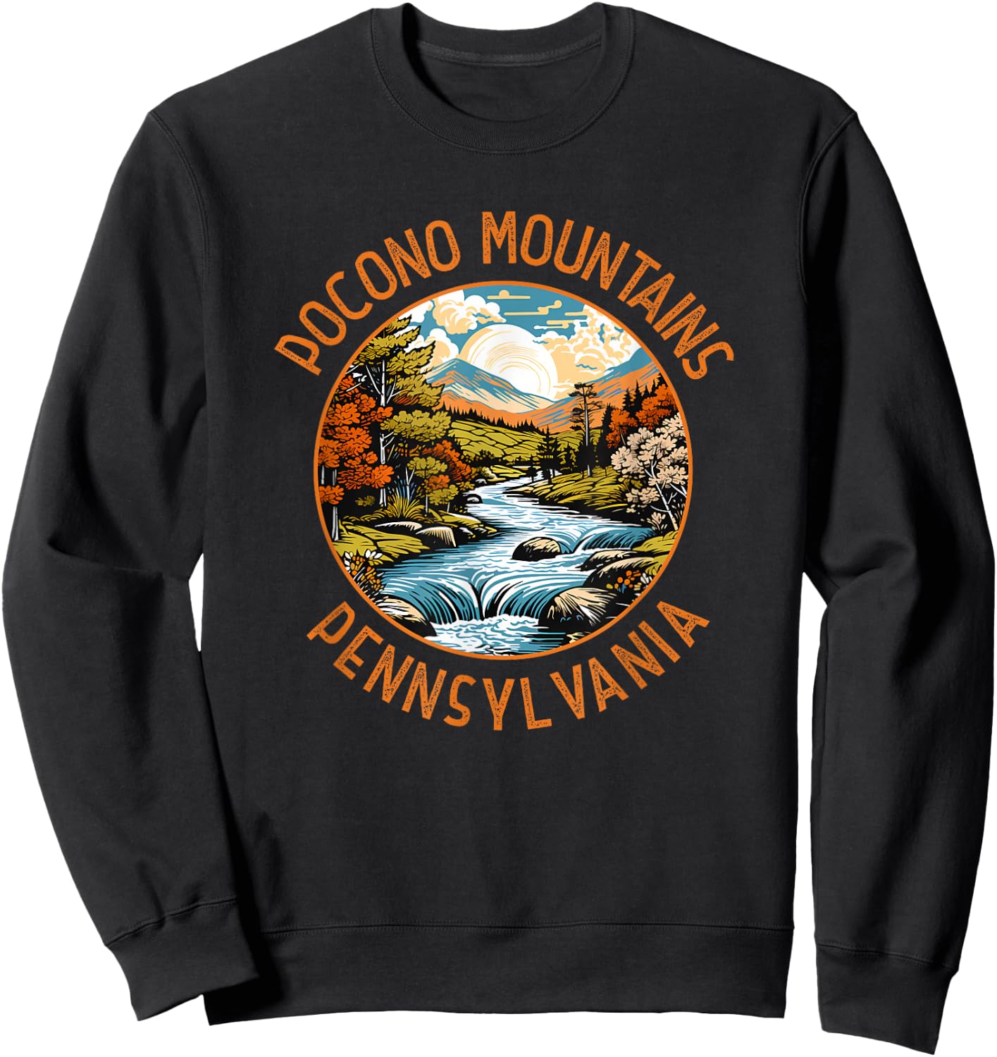 Pocono Mountains Pennsylvania Sunset Retro Distressed Circle Sweatshirt - Sweatshirt | Black