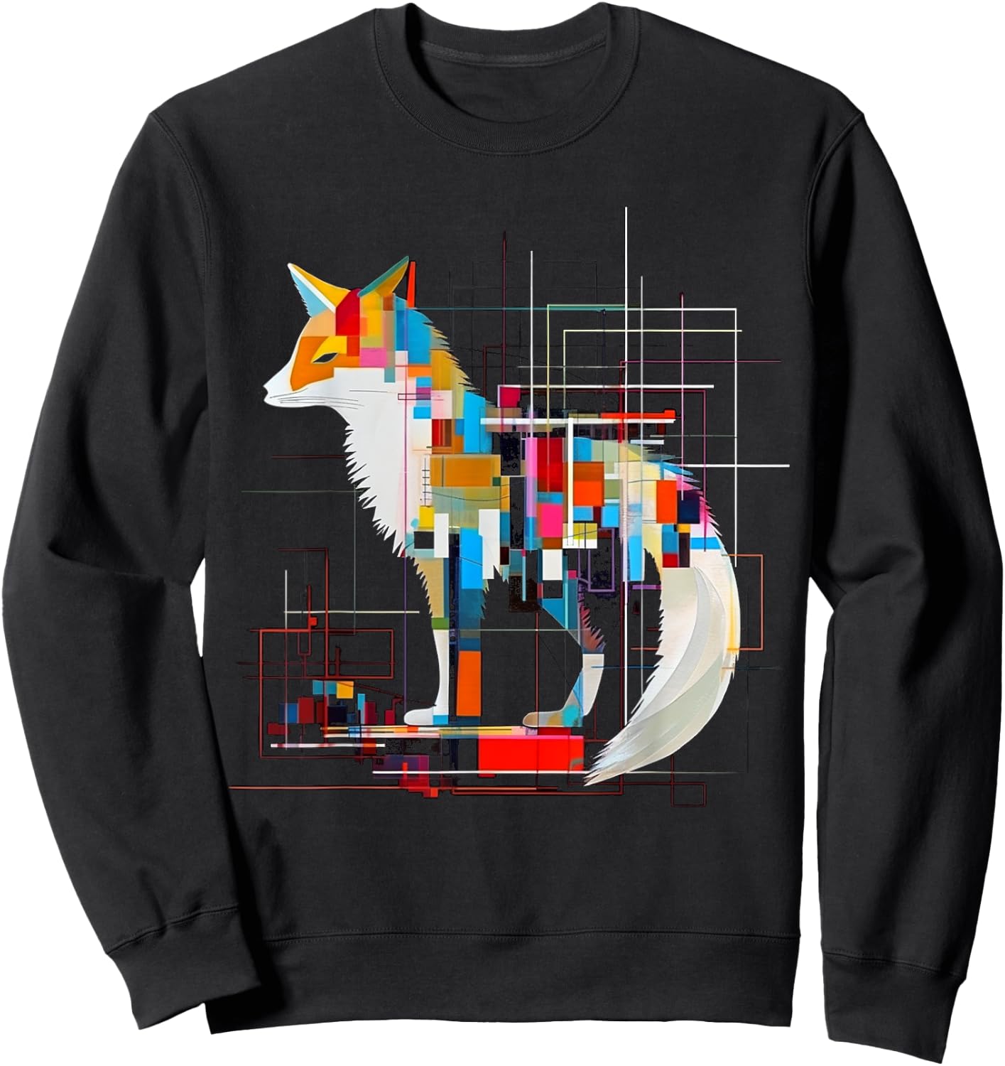 Fox Geometric Artwork Colorful | Animal Motif Fox Sweatshirt - Sweatshirt | Black