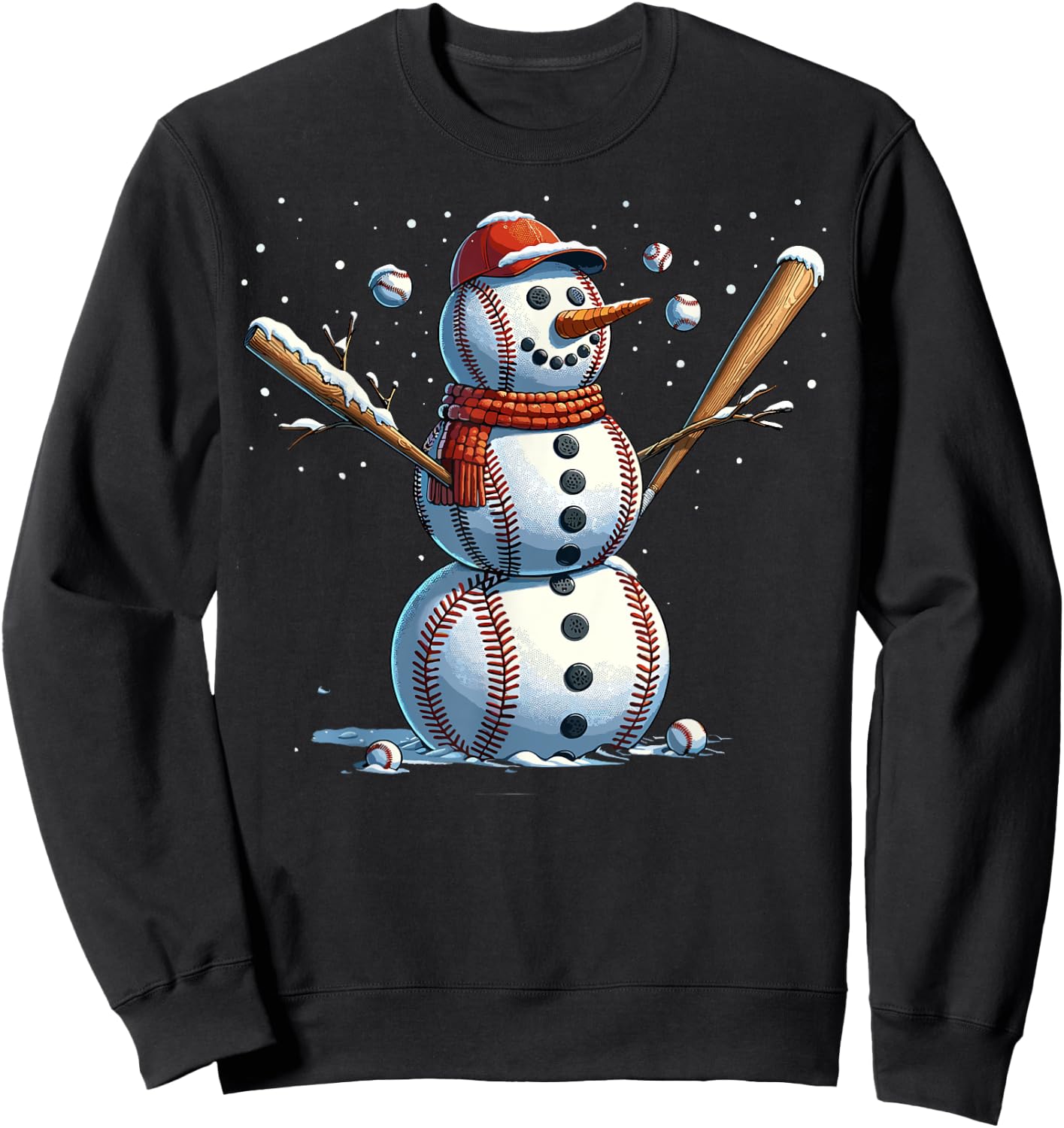 Snowman Baseball Christmas Winter Sweatshirt - Sweatshirt | Black