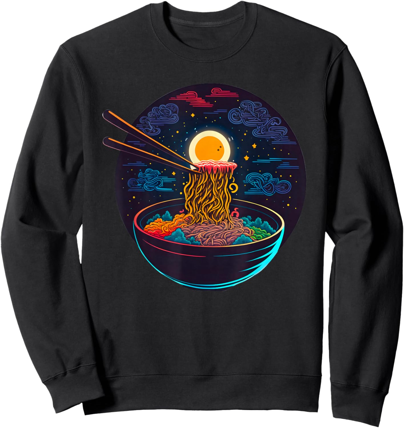 Japanese Moon Ramen Graphic Neon Retro Anime Noodles Art Sweatshirt - Sweatshirt | Black