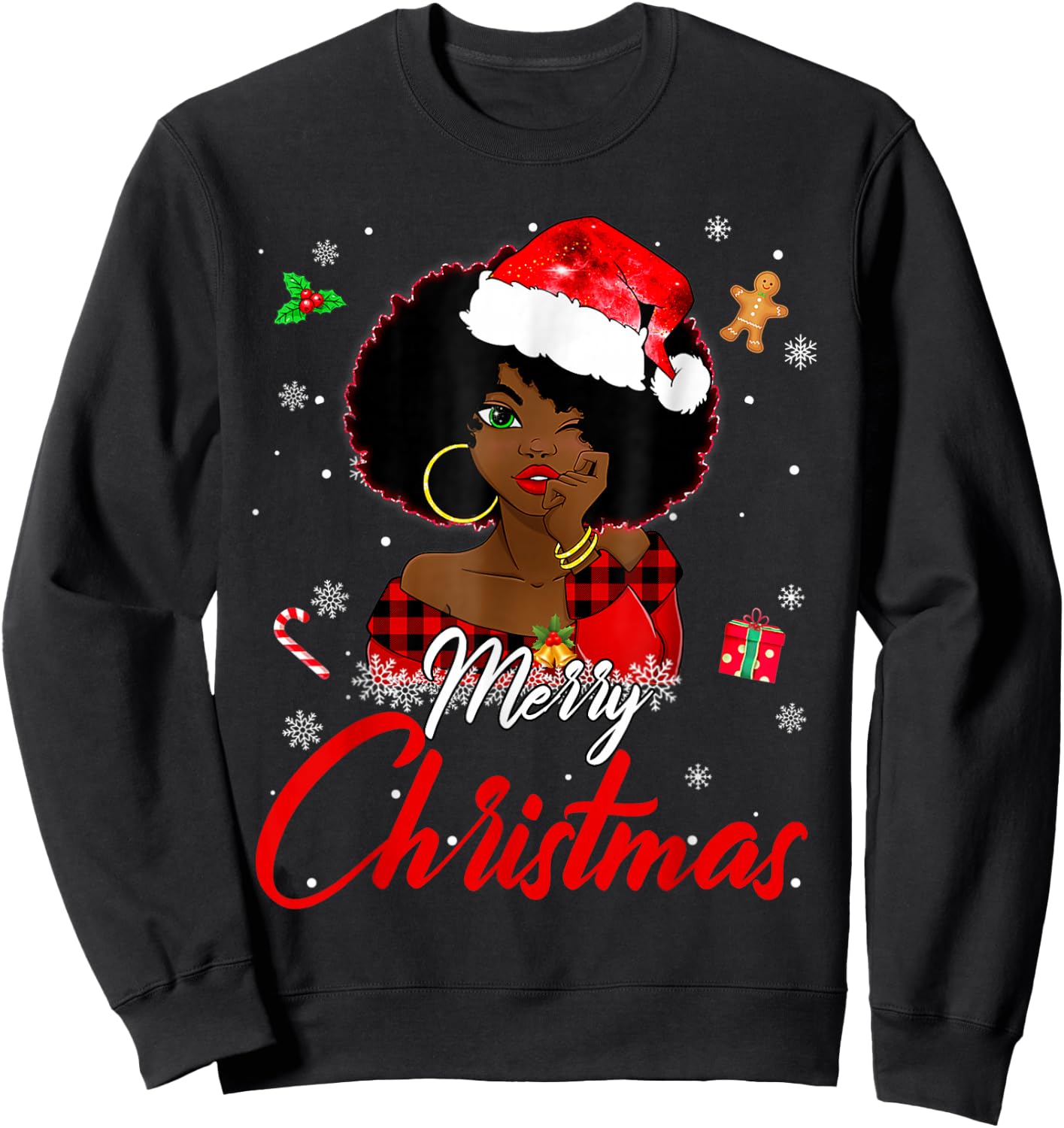 Black African Girl American Melanin Christmas Santa Hat Xmas Sweatshirt - Sweatshirt | Black
