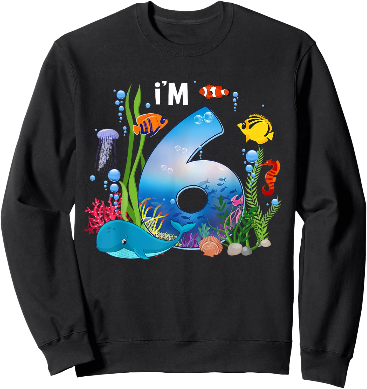 Kids 6 Year Old Ocean Life Whale Dolphin Shark 6th Birthday Sweatshirt - Sweatshirt | Black