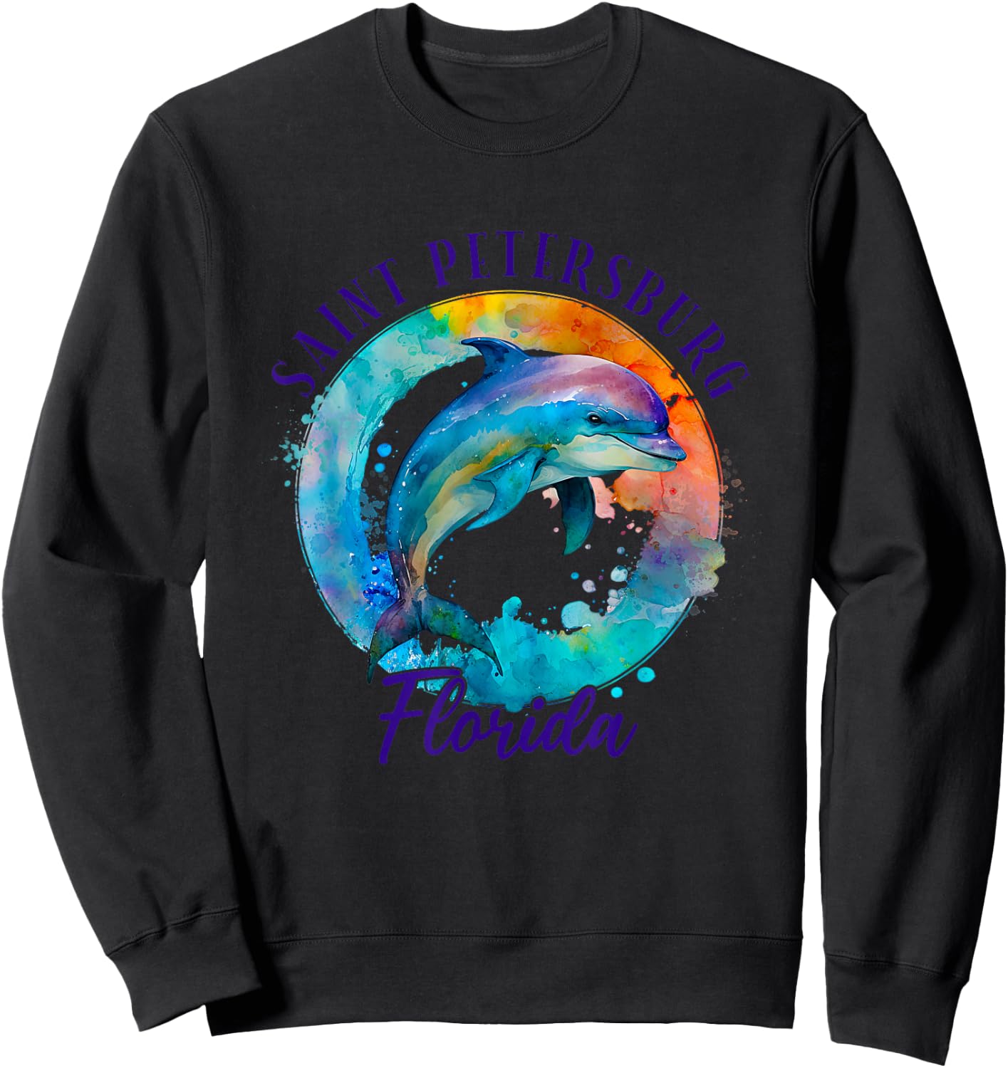 Saint Petersburg Florida Happy Watercolor Dolphin Sweatshirt - Sweatshirt | Black