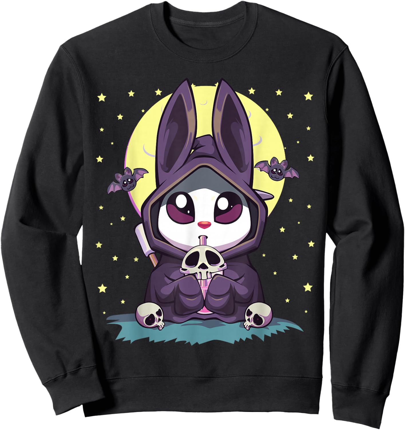 Pastel Goth Kawaii Anime Moon Bunny Reaper With Boba Tea Sweatshirt - Sweatshirt | Black
