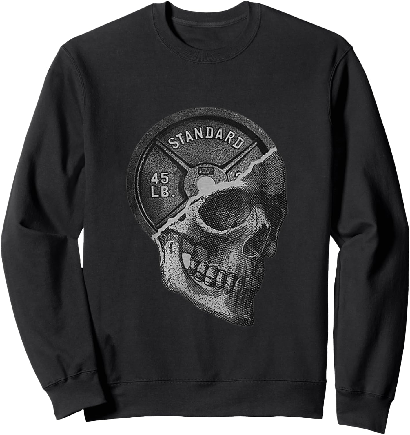 Skull & 45 lbs Plate Weight Lifting Graphic Gym Working Out Sweatshirt - Sweatshirt | Black