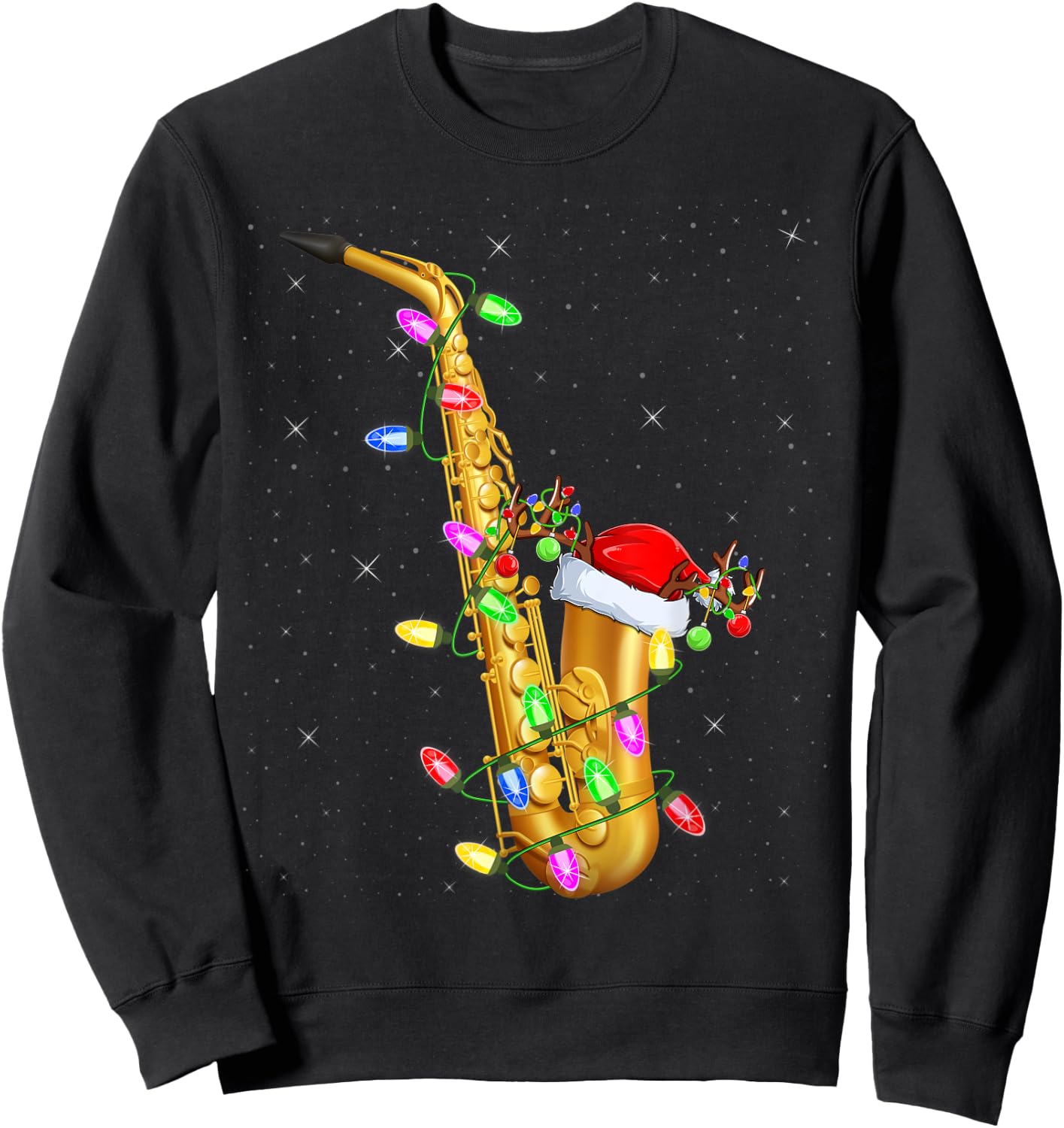 Saxophone Music Lover Xmas Lights Santa Saxophone Christmas Sweatshirt - Sweatshirt | Black