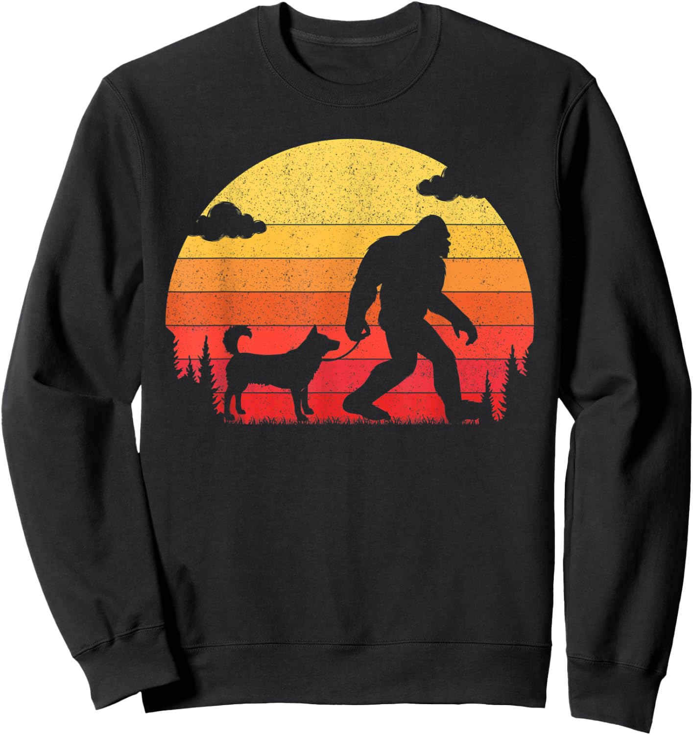Retro Bigfoot Silhouette Walking Siberian Husky Dog Women Kids Sweatshirt - Sweatshirt | Black