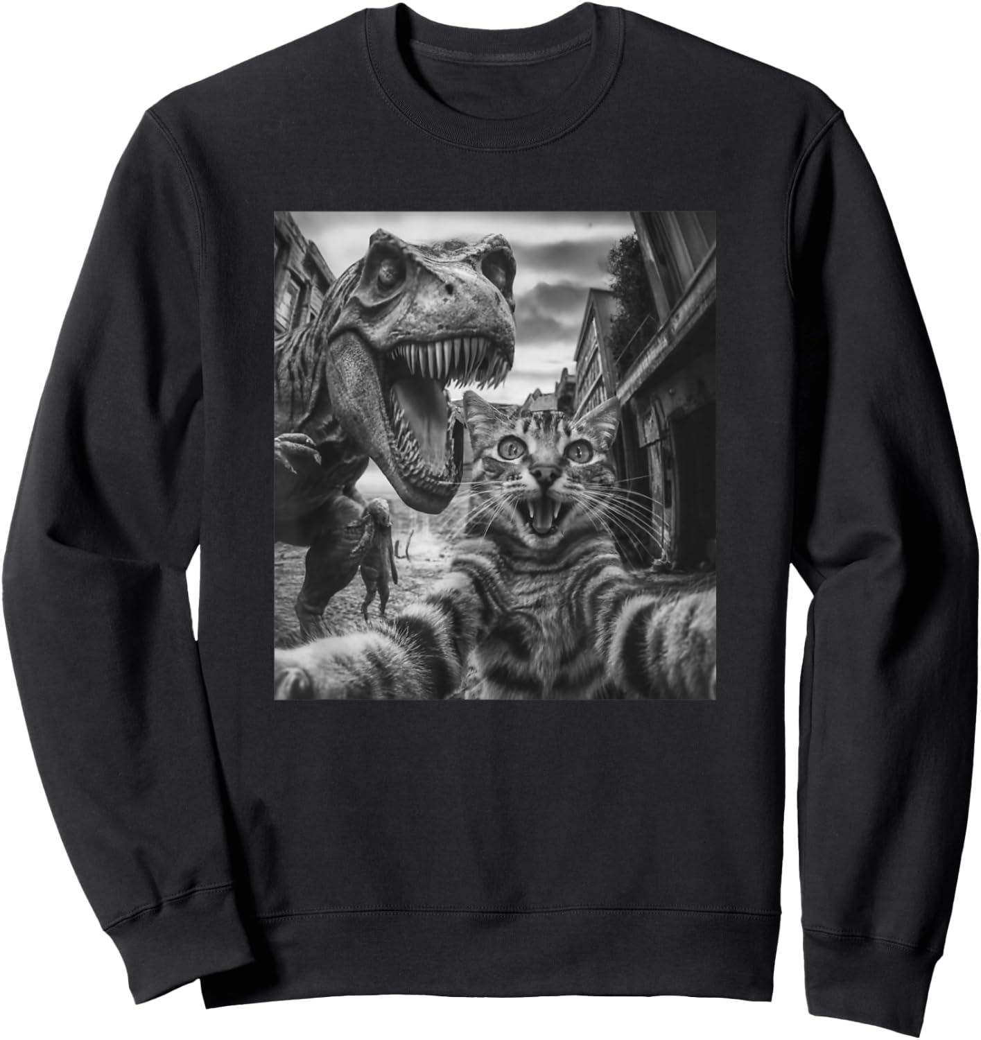 Cat T Rex Dinosaur Selfie Funny Retro Classic Photo Sweatshirt - Sweatshirt | Black