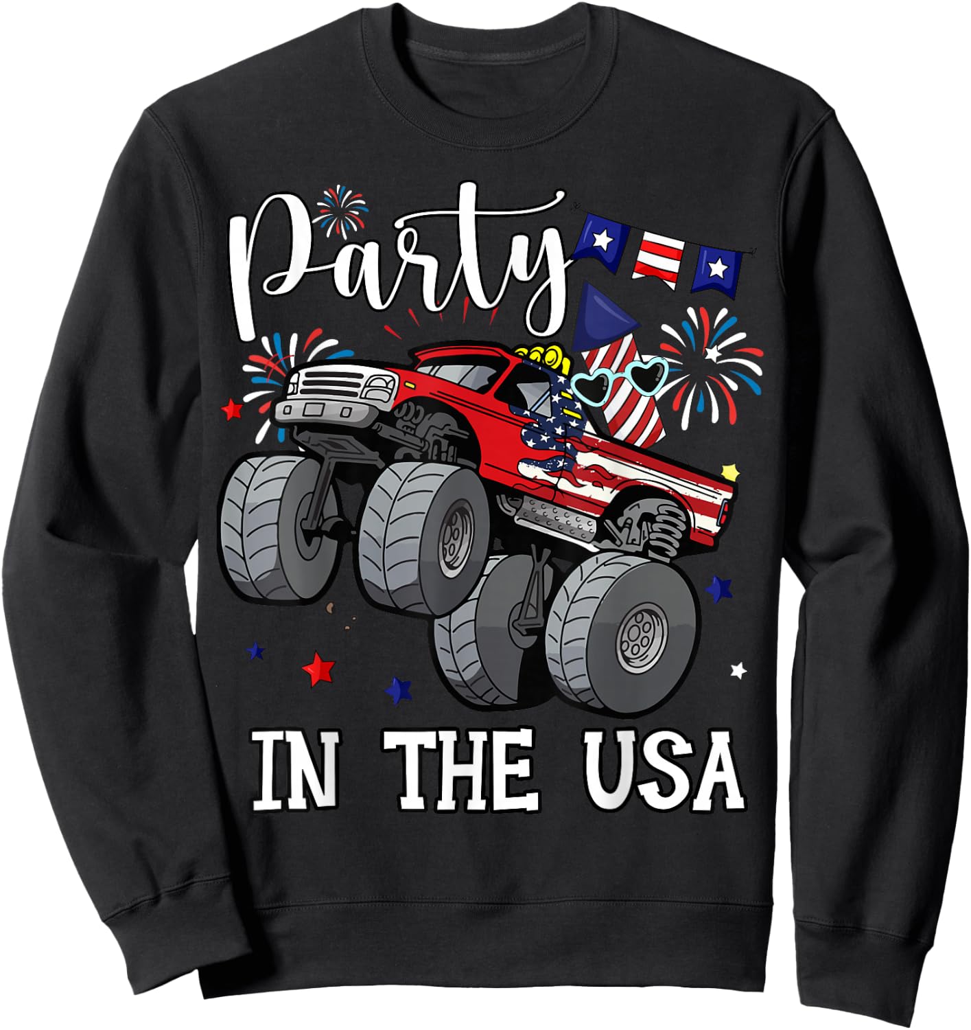 Party In USA Boy Toddler Monster Truck American Flag Patriot Sweatshirt - Sweatshirt | Black