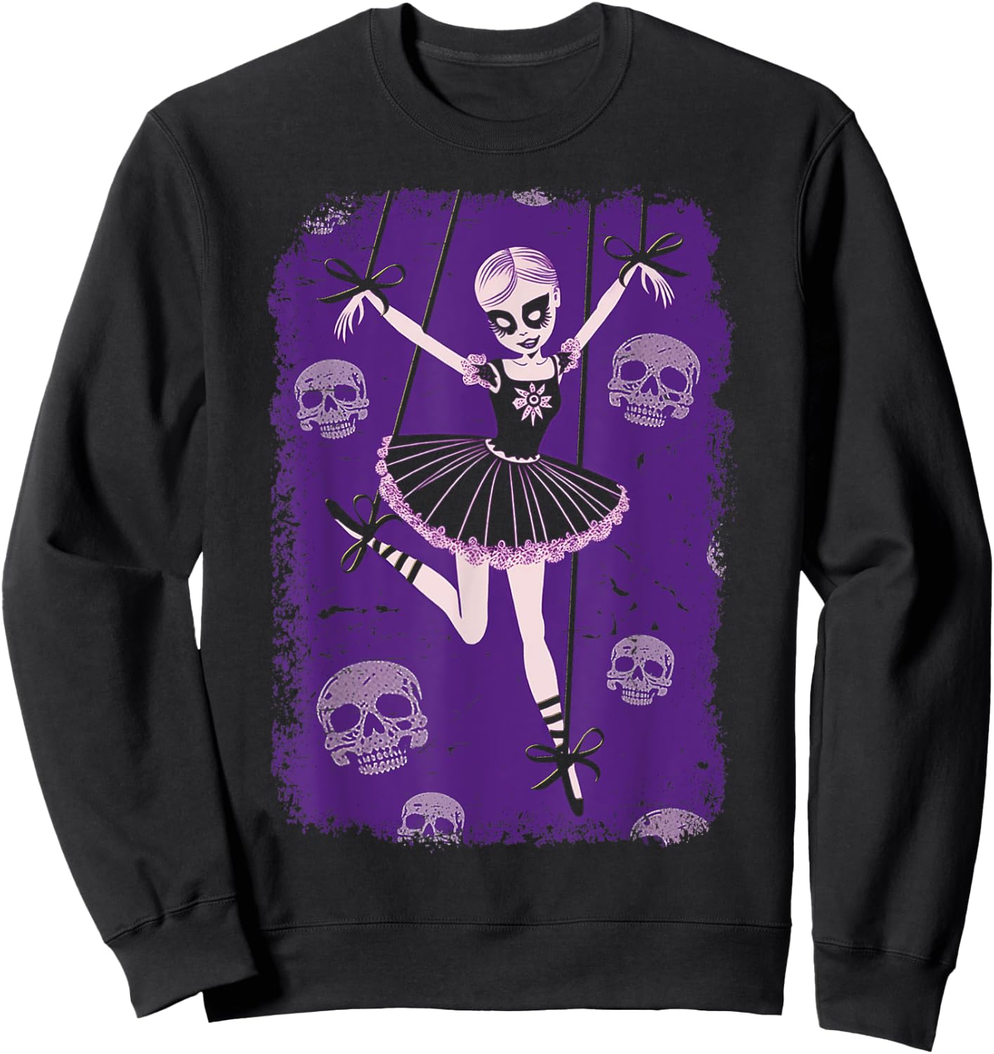 Creepy Cute Ballerina Punk Goth Marionette Doll With Skulls Sweatshirt - Sweatshirt | Black