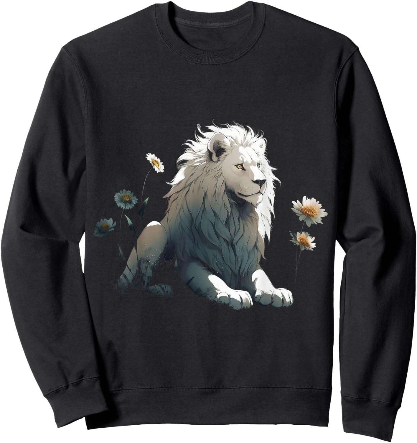 White Lion Flower Art - Animal Motif Zoo Lion Sweatshirt - Sweatshirt | Black