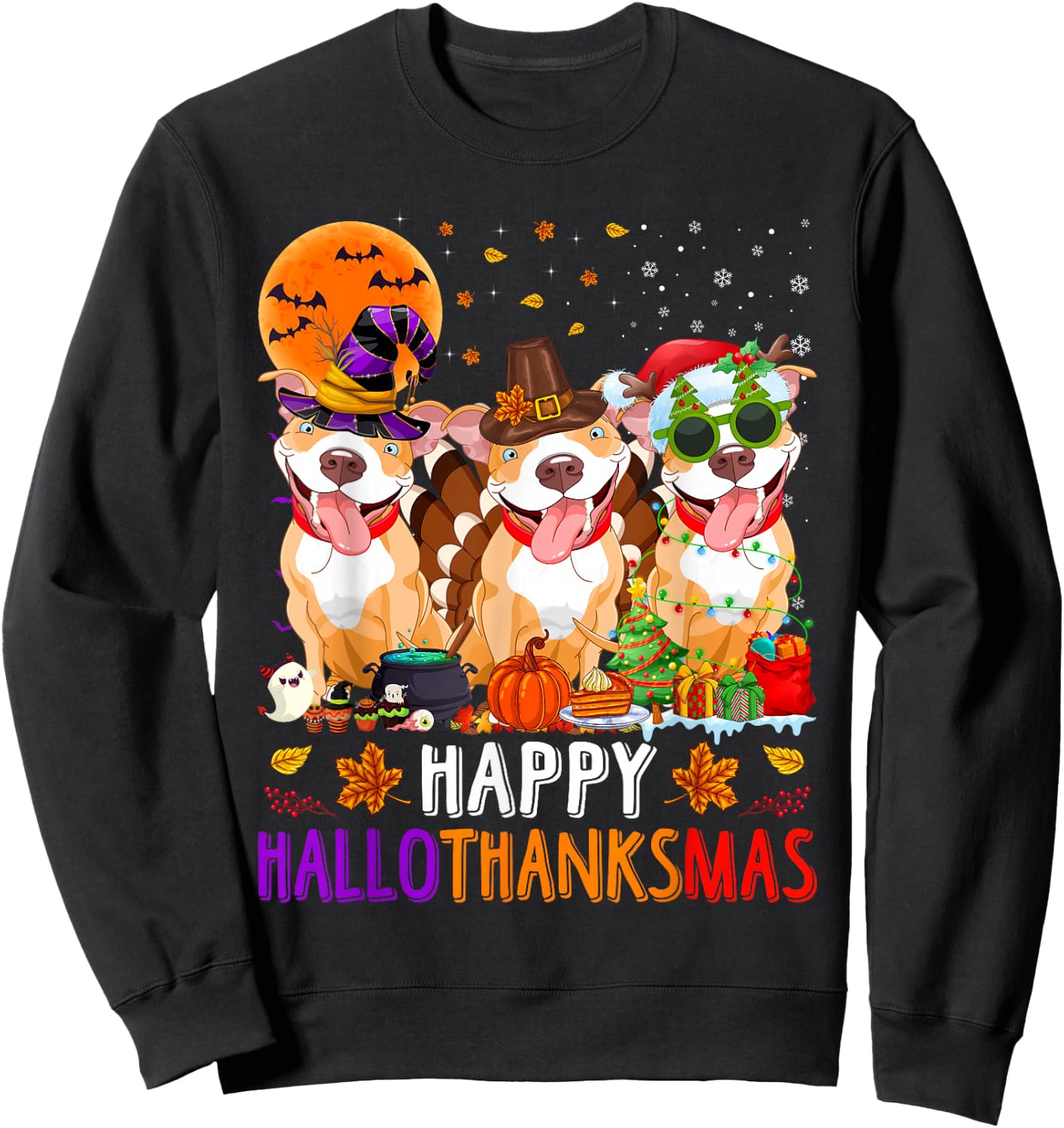 Happy Hallothanksmas Pitbull Dog Halloween Christmas Sweatshirt - Sweatshirt | Black
