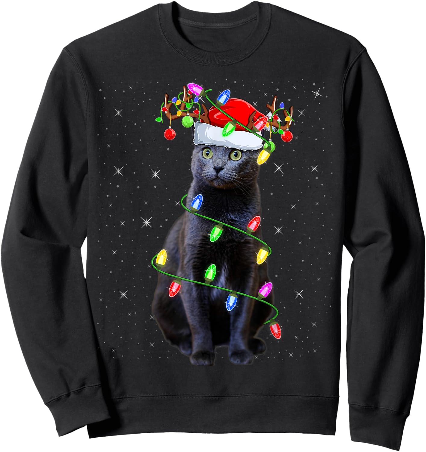 Cat Lover Xmas Lighting Santa Russian Blue Cat Christmas Women Kids Sweatshirt - Sweatshirt | Black