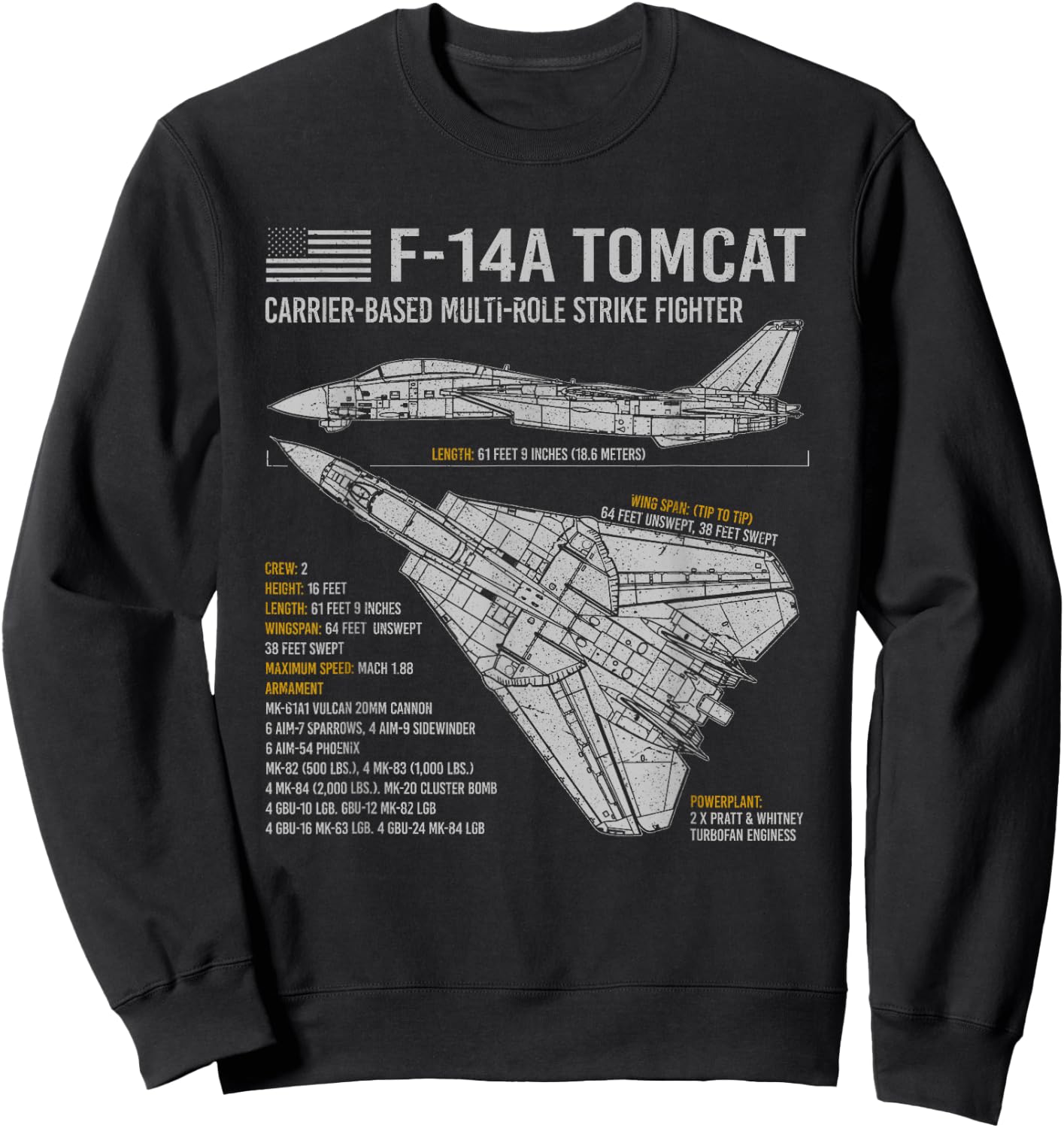 F-14 Tomcat F14 Aircraft Airplane Blueprint Facts. Small Sweatshirt - Sweatshirt | Black