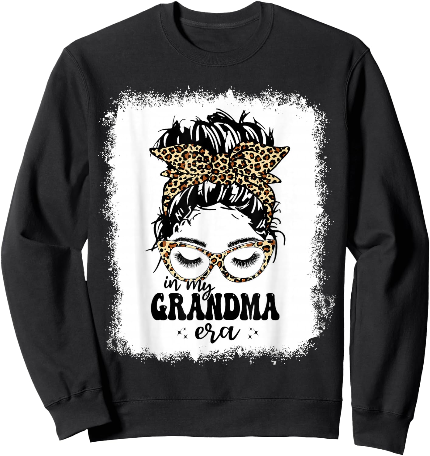 Leopard Messy Bun In My Grandma Era Bleached Sweatshirt - Sweatshirt | Black