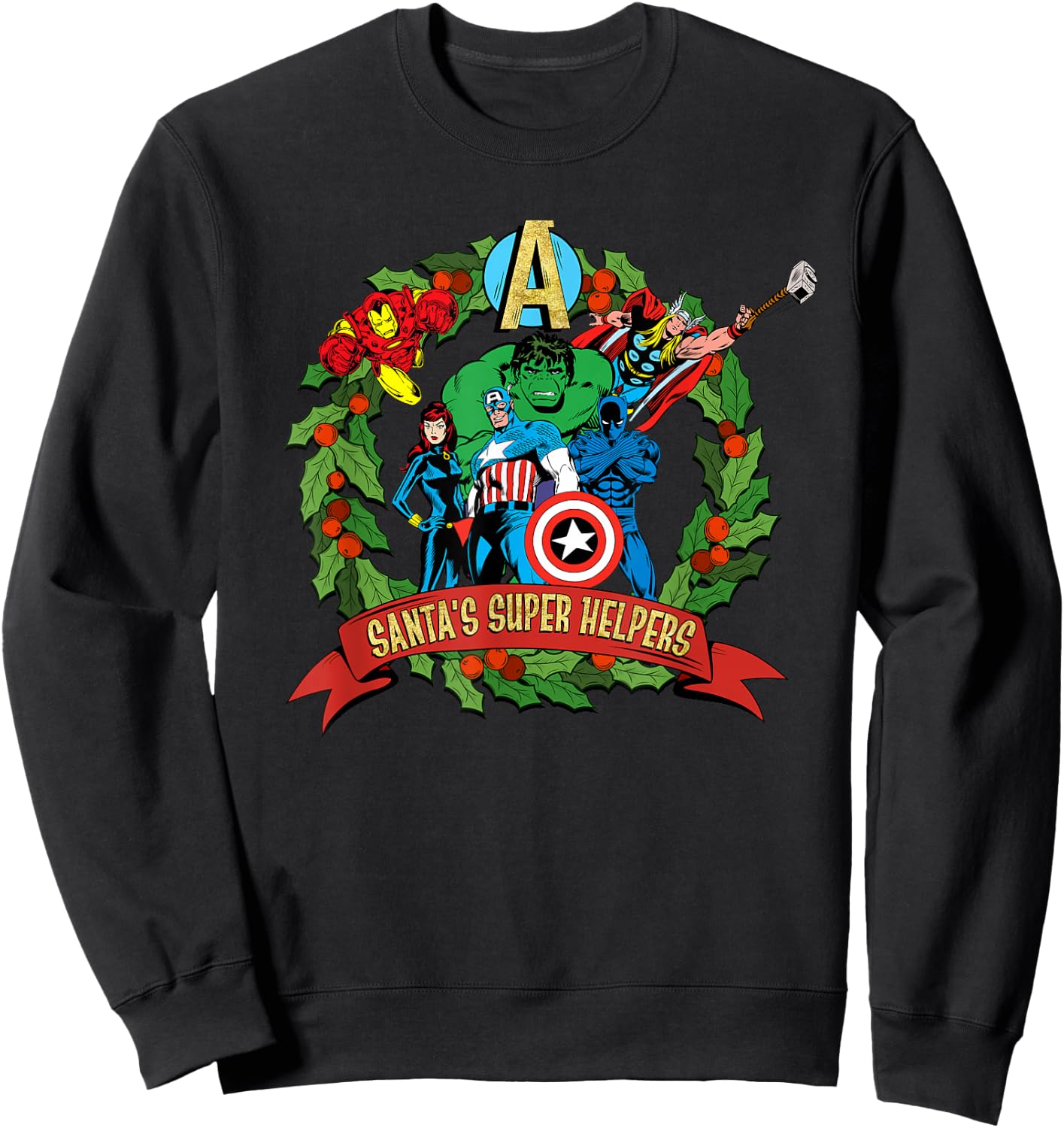 Marvel Avengers Santa’s Super Helpers Wreath Retro Holiday Sweatshirt - Sweatshirt | Black