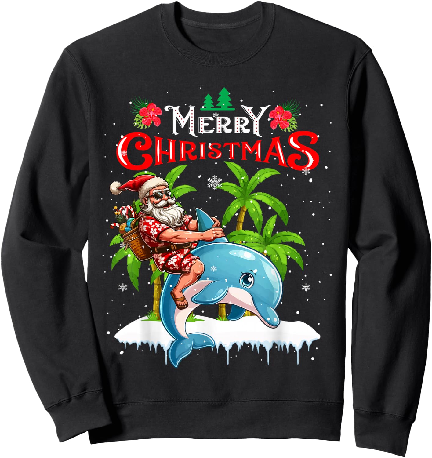 Merry Christmas Hawaiian Santa Sunglasses Riding Dolphin Sweatshirt - Sweatshirt | Black