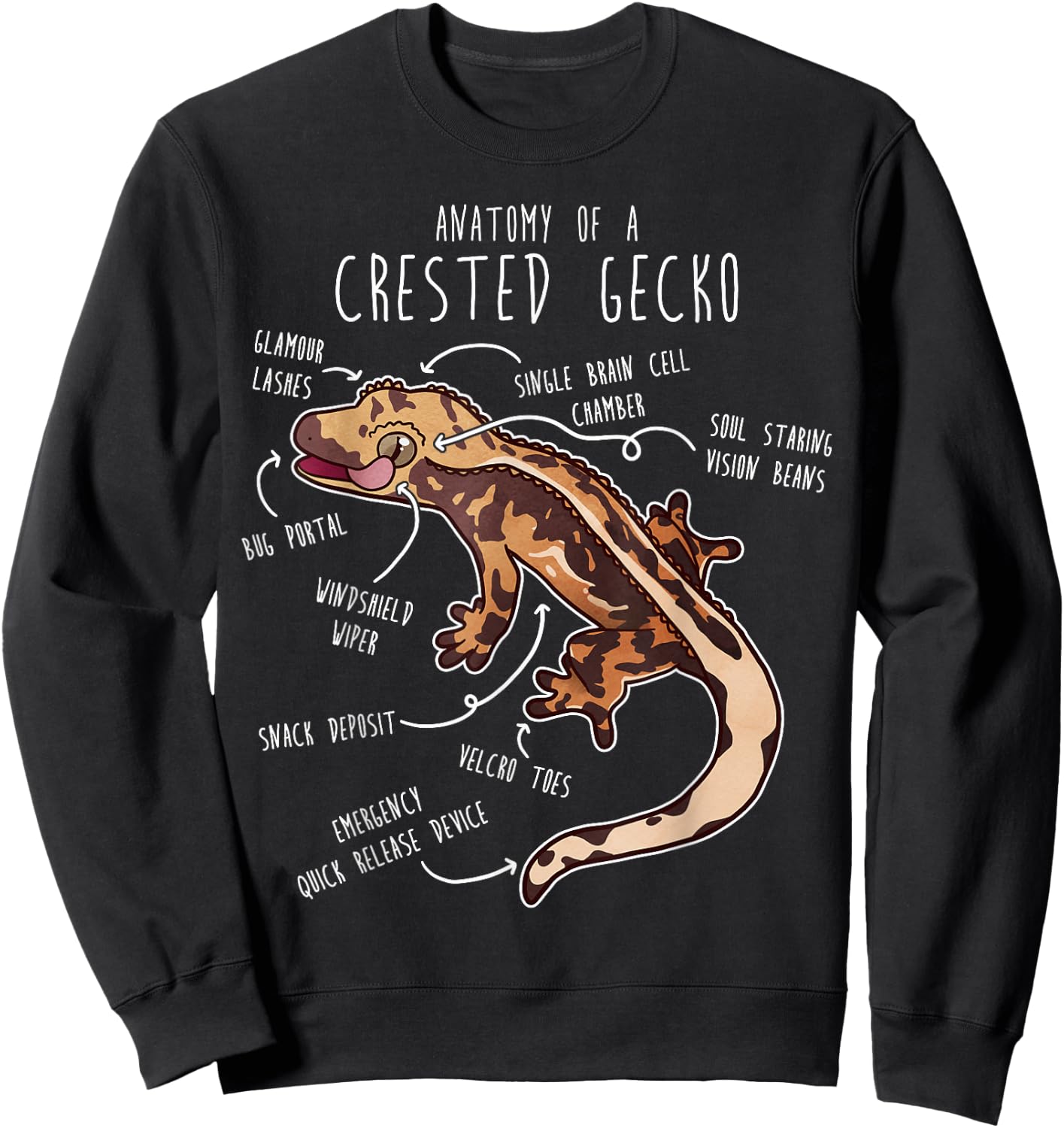 Crested Gecko Lizard Reptile Anatomy, Pet Harelquin Crestie Sweatshirt - Sweatshirt | Black