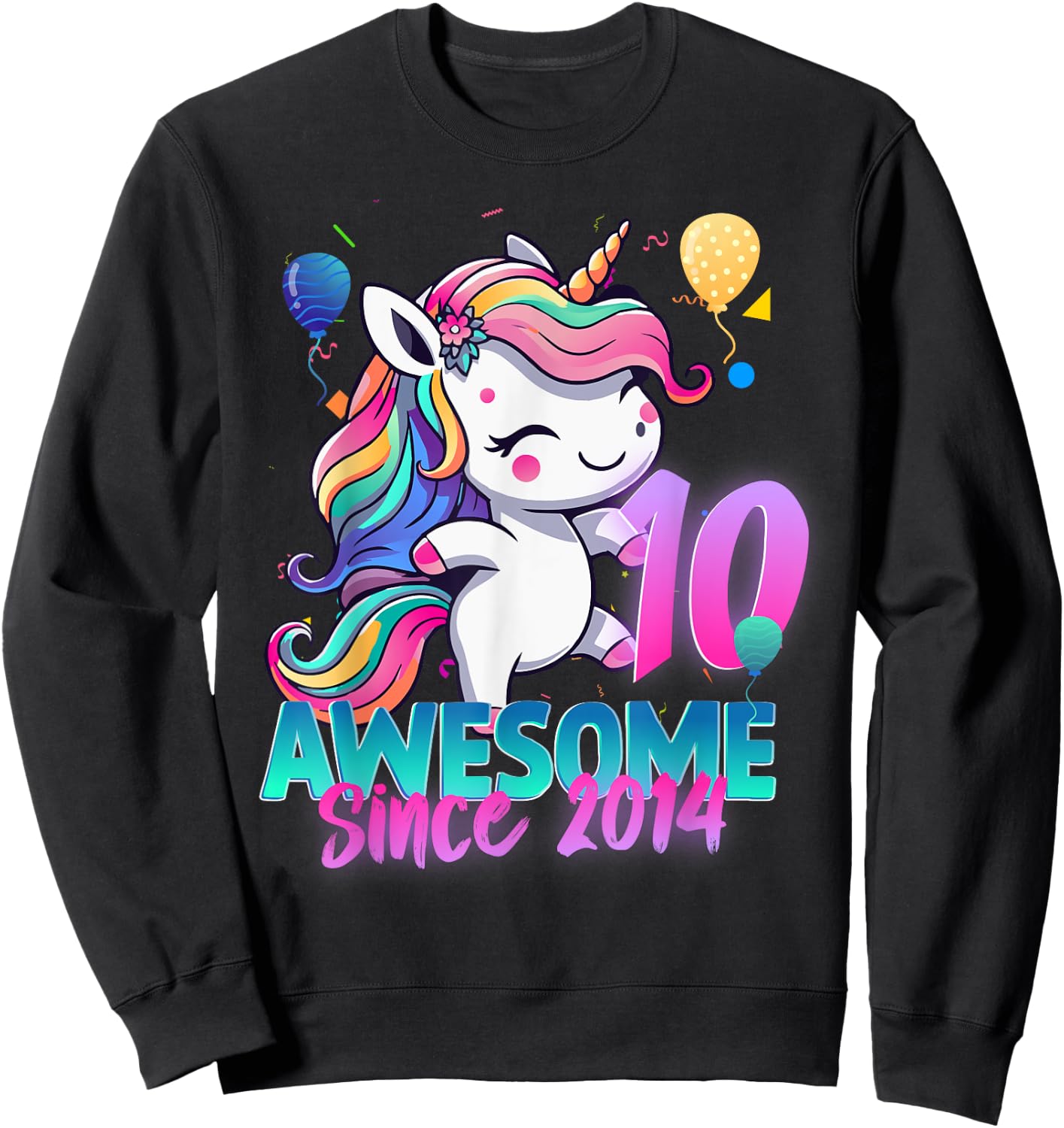 10th Birthday Girl Awesome Since 2014 10 Years Old Unicorn Sweatshirt - Sweatshirt | Black