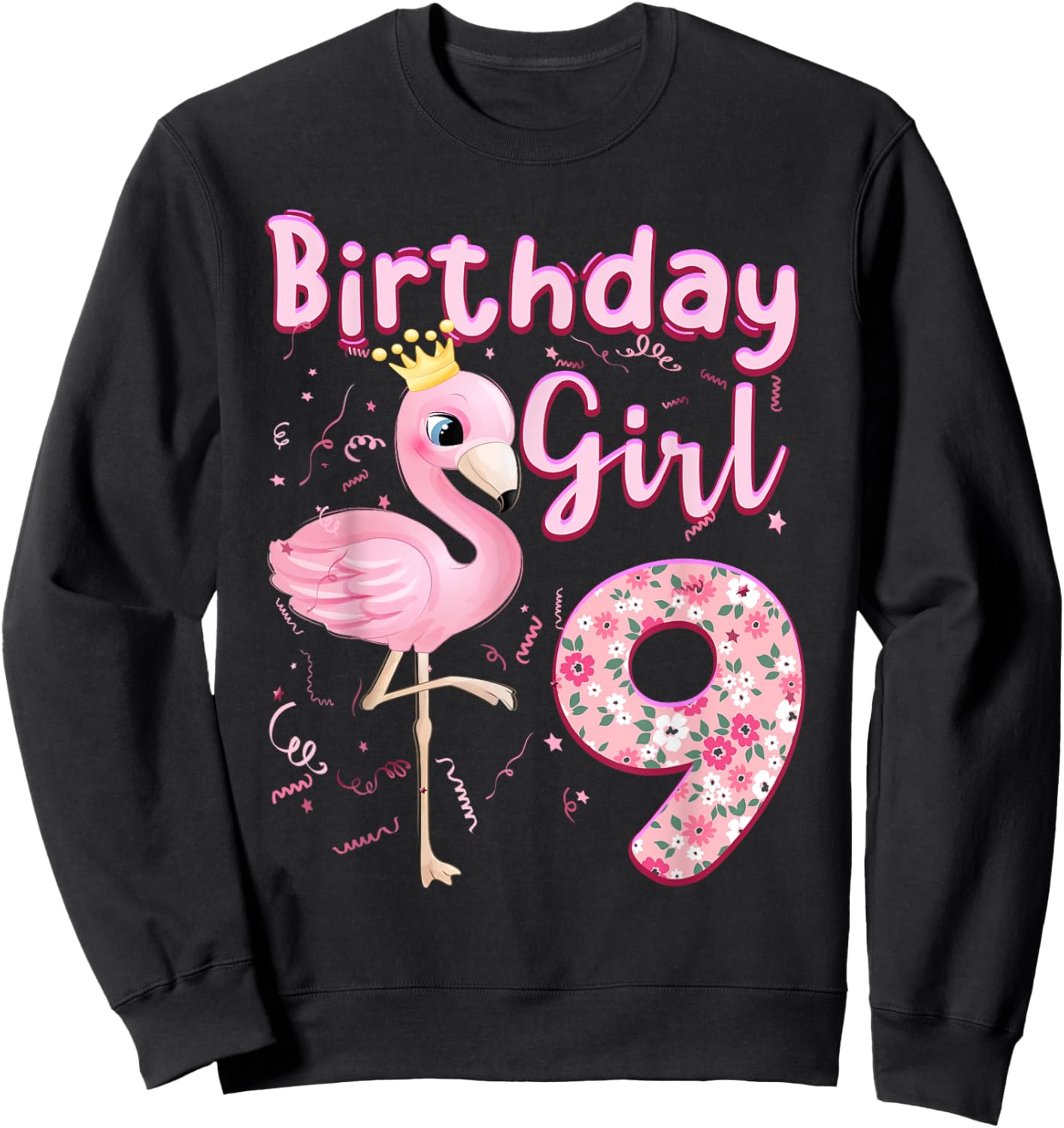 9th Birthday Girls Flamingo 9 Years Old Tropical Flamingo Sweatshirt - Sweatshirt | Black