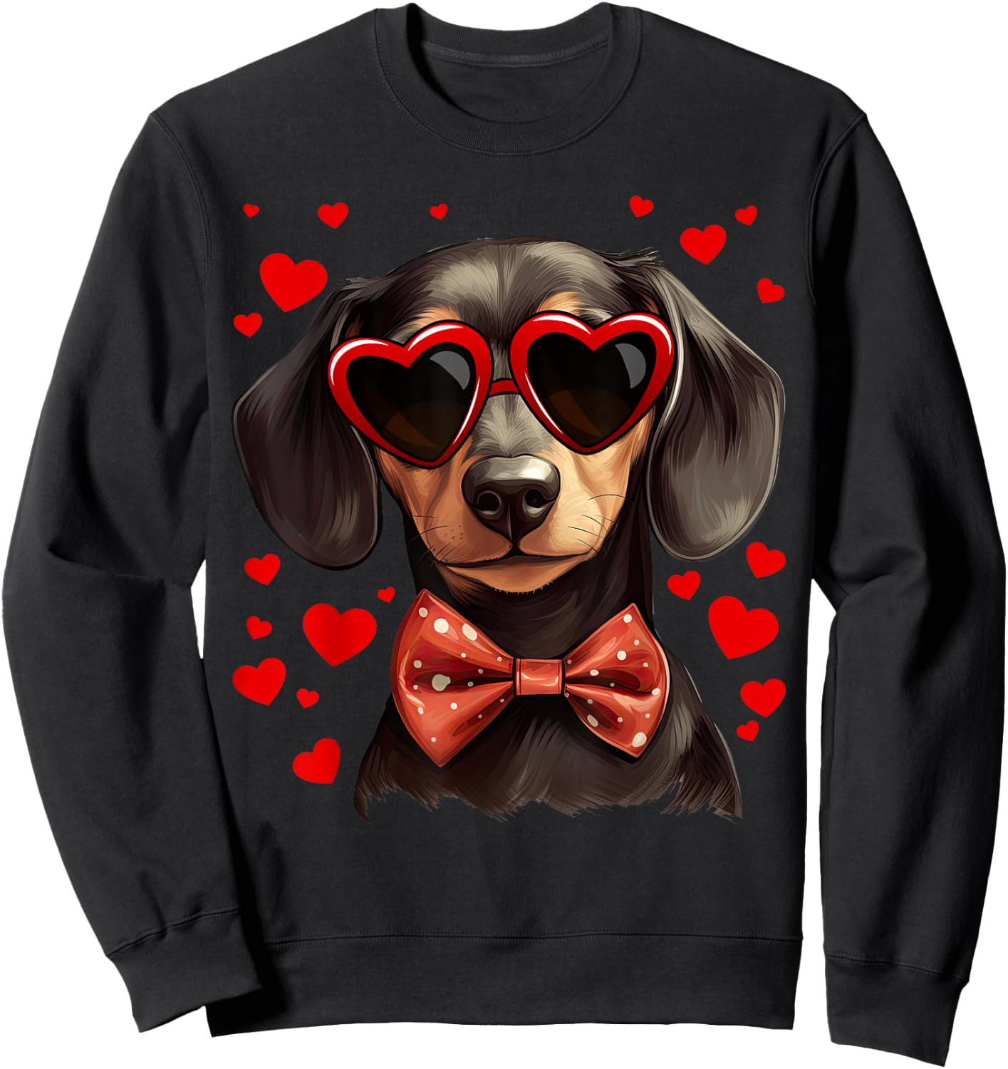 Dachshund Dog Heart Sunglasses Bow Tie Valentine's Day Sweatshirt - Sweatshirt | Black