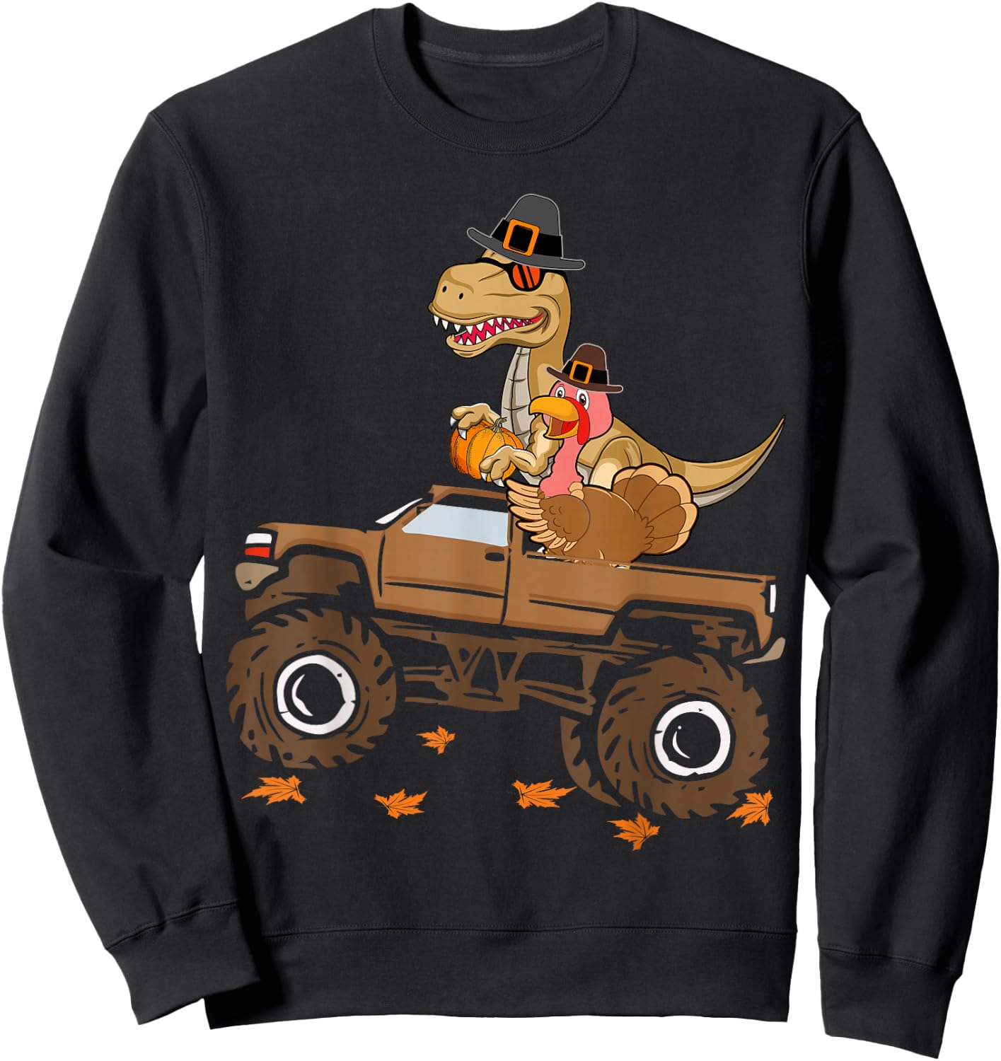 Happy Thanksgiving dinosaur Turkey Riding truck kids boys Sweatshirt - Sweatshirt | Black