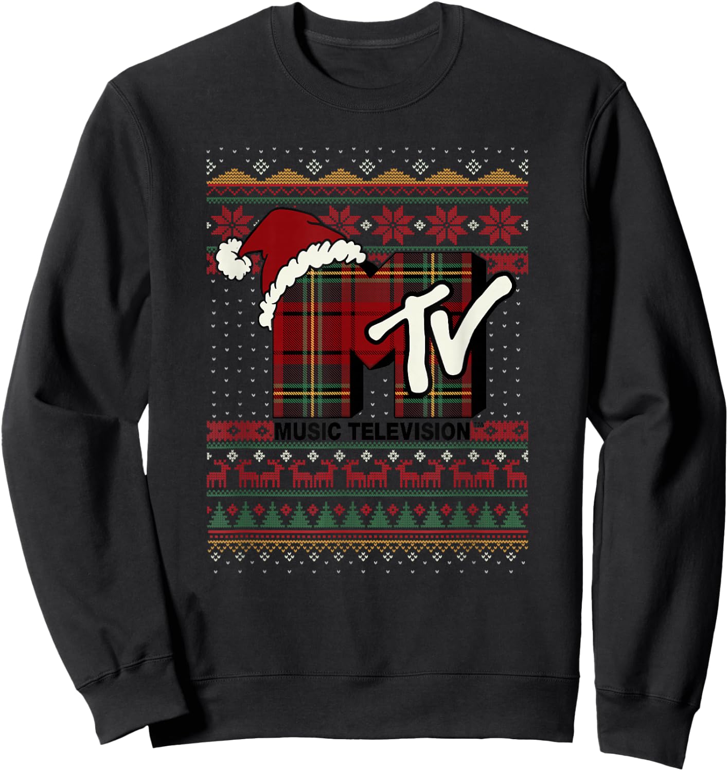 MTV Christmas Plaid Ugly Sweater Logo Sweatshirt - Sweatshirt | Black