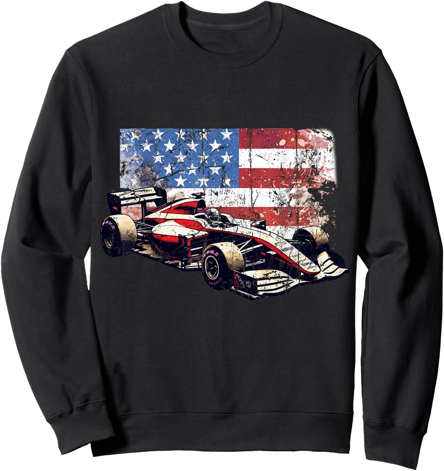 Vintage Auto Racing Car American Flag 4th of July, Auto Race Sweatshirt - Sweatshirt | Black