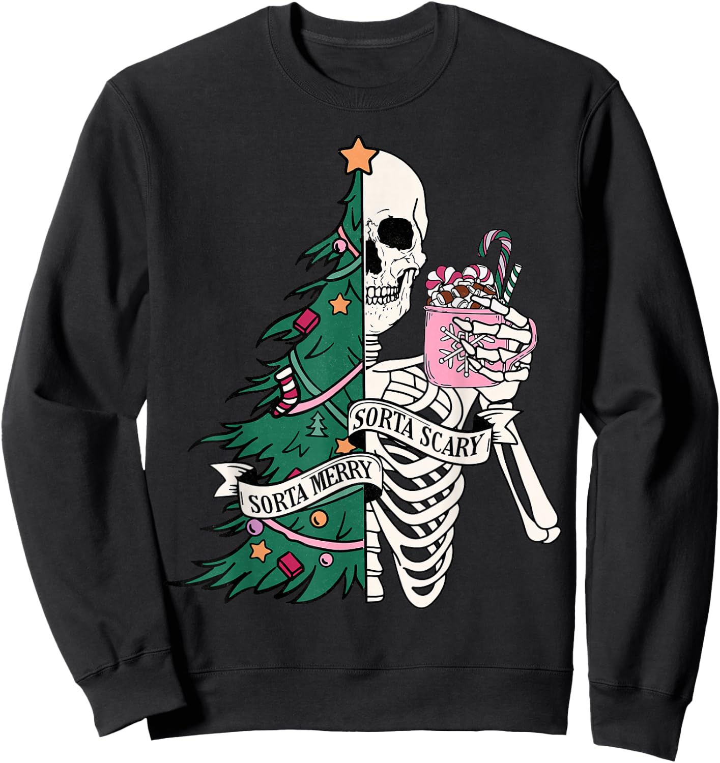 Funny Christmas Sorta Merry Sorta Scary Skeleton Xmas Tree Sweatshirt - Sweatshirt | Black