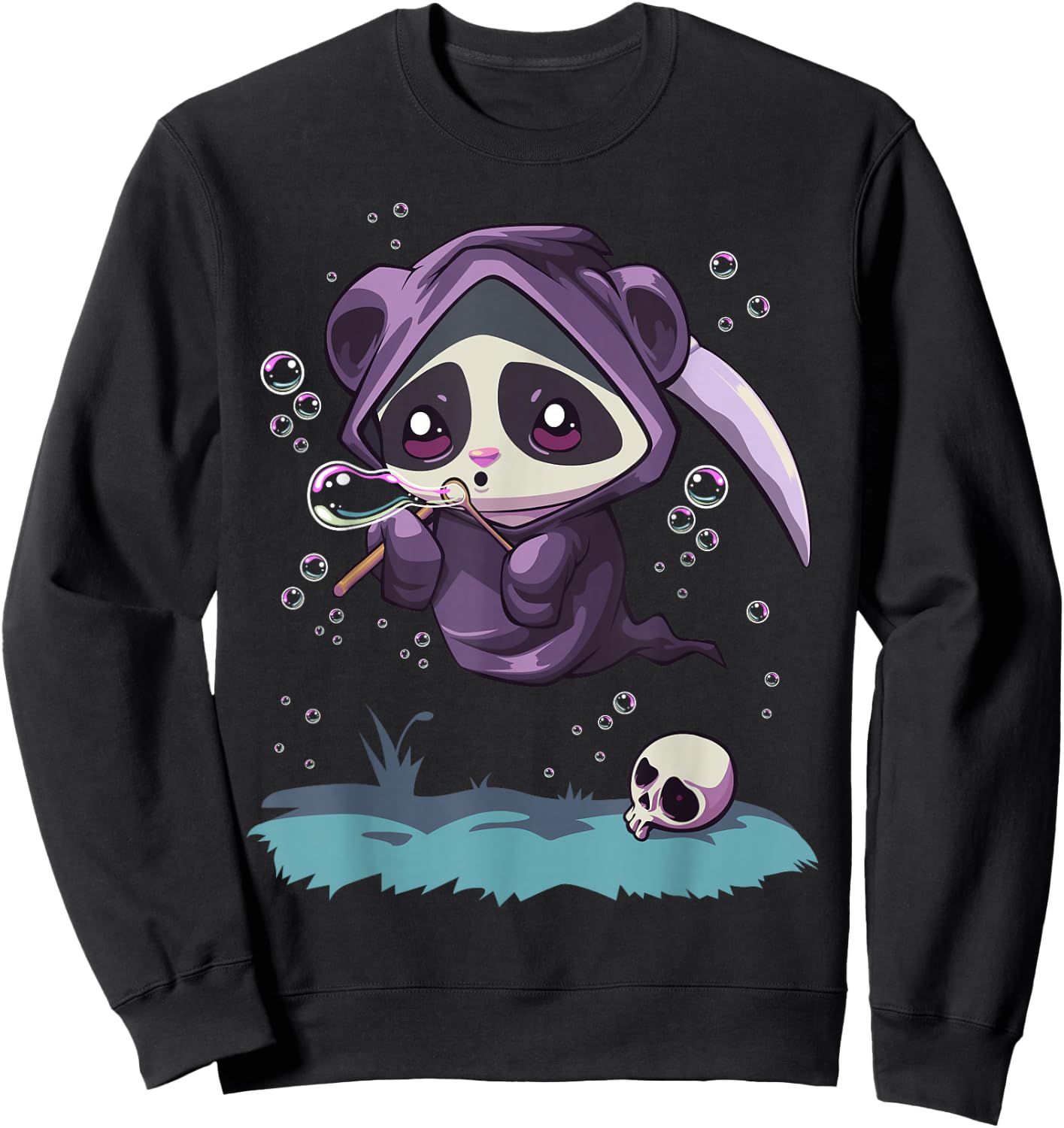 Pastel Goth Kawaii Panda Bear Reaper with Bubbles Sweatshirt - Sweatshirt | Black